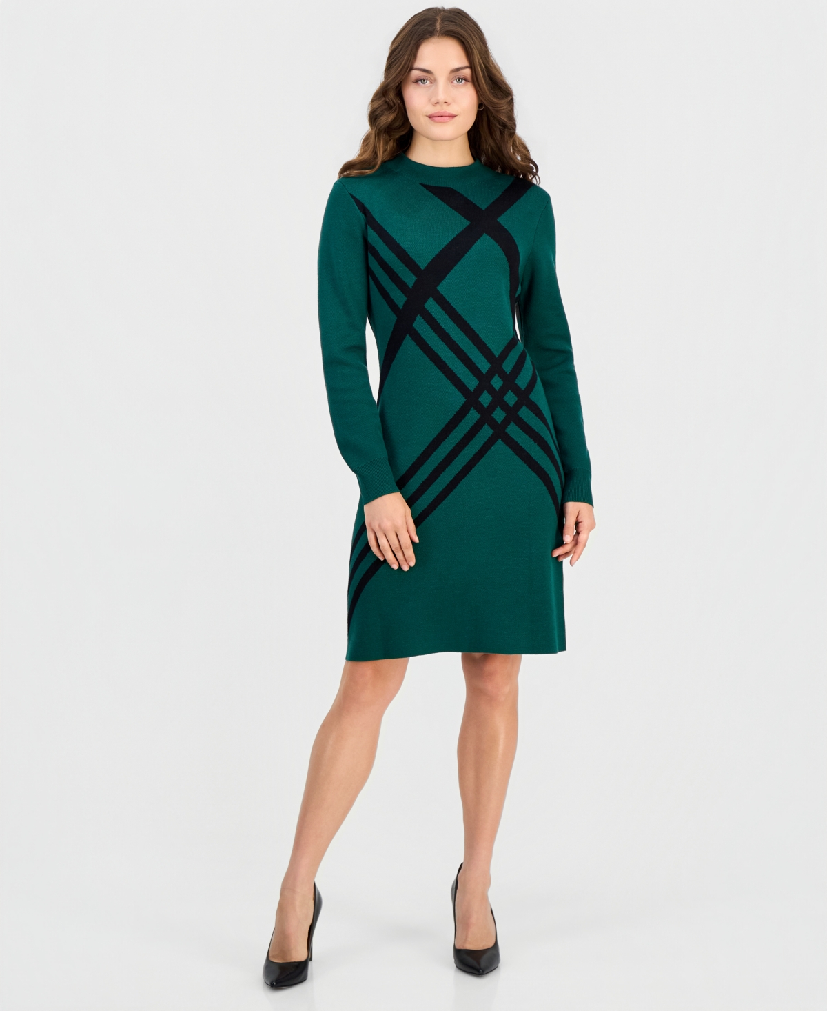 Robbie Bee Petite Geometric Mock Neck Long-sleeve Sweater Dress In Hunter.black