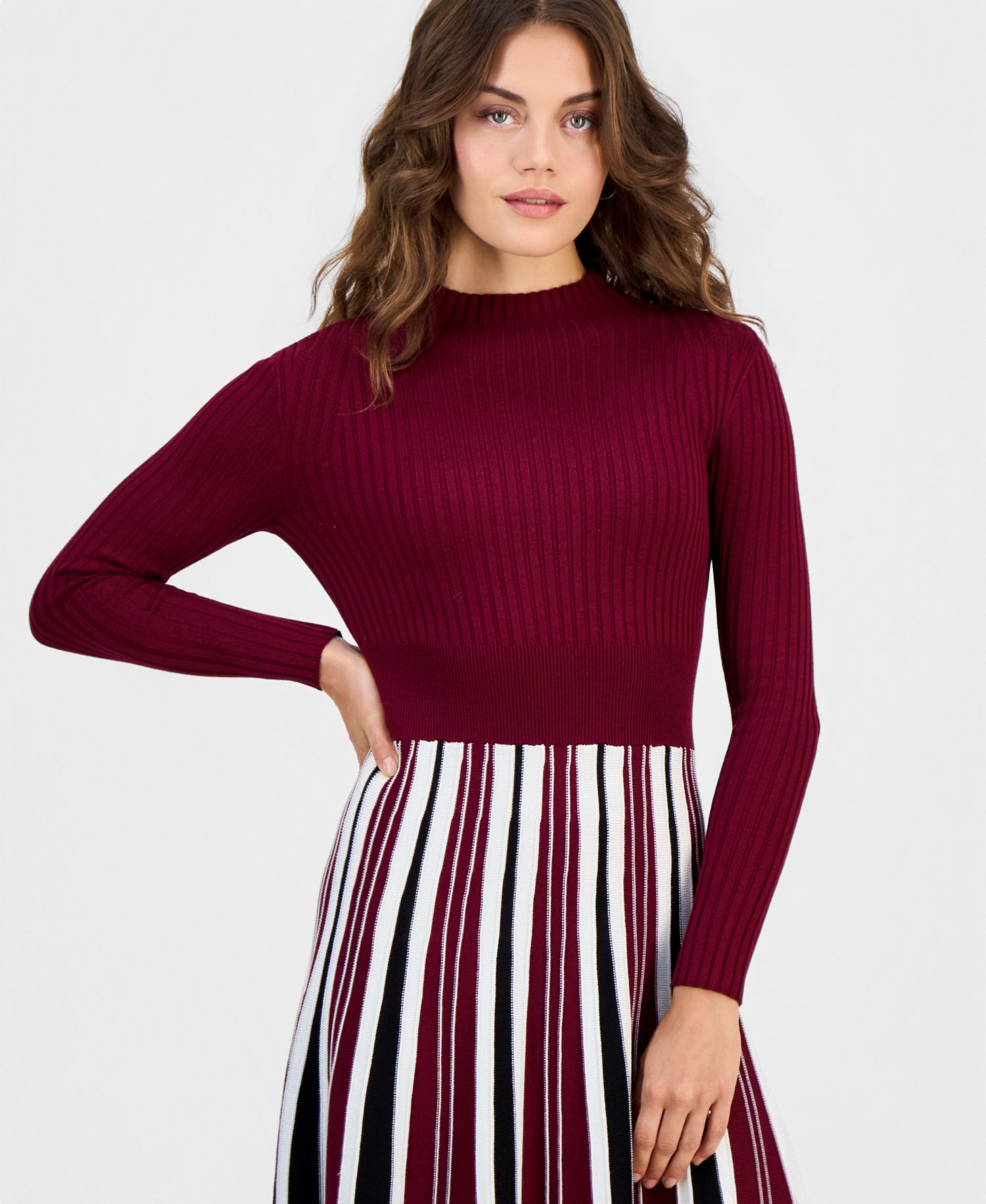 Petite Long-Sleeve Pleated-Skirt Sweater Dress