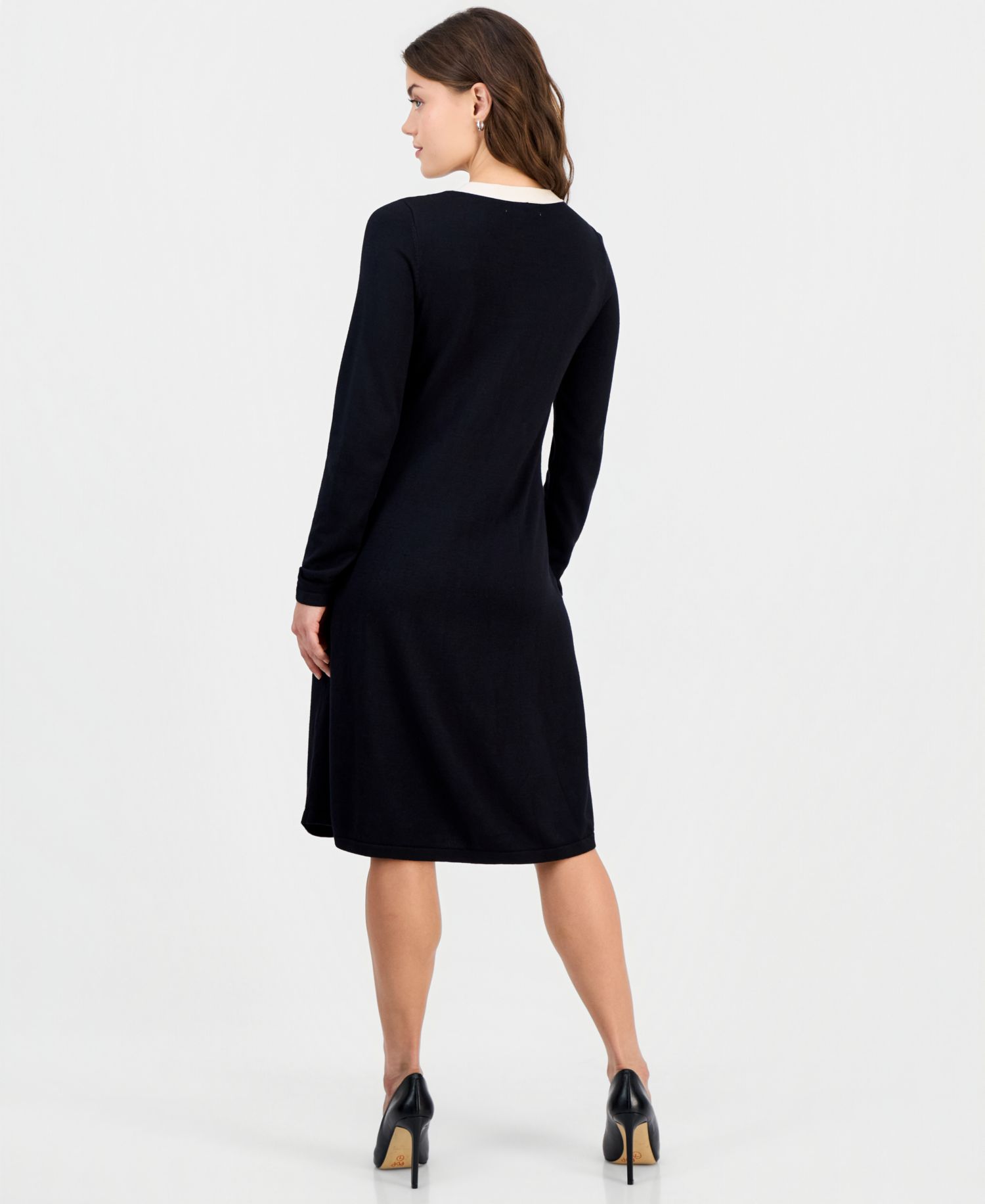 Petite Bow-Trim-Neck Long-Sleeve Glitter Sweater Dress