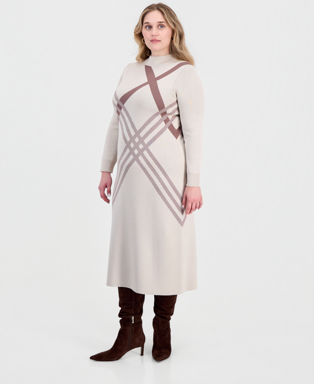 Robbie Bee Plus Size Long-sleeve Bodycon Geometric Sweater Dress In Tan.mocha