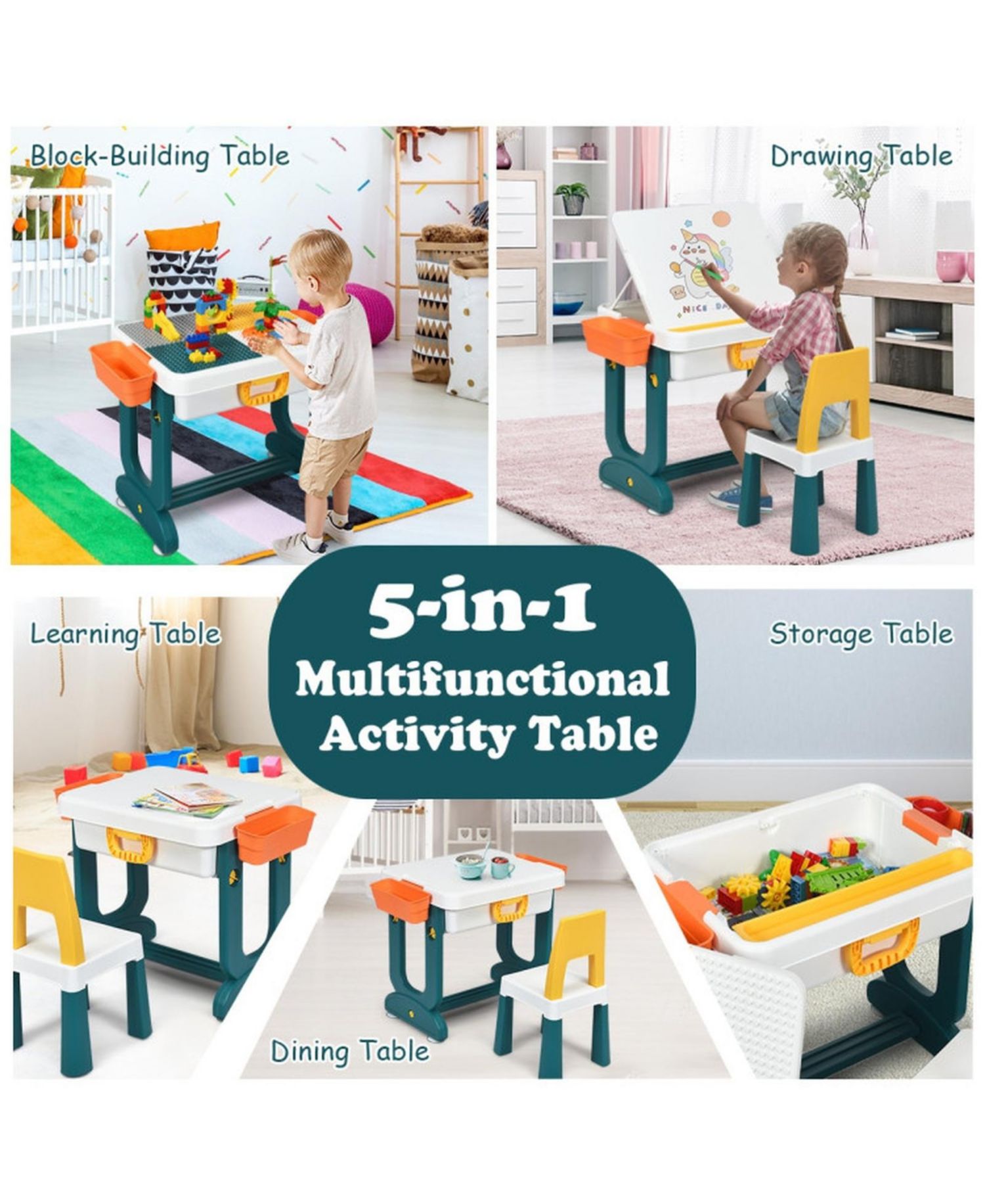 5-in-1 Kids Activity Table and Chair Set with Storage and Building Block Board