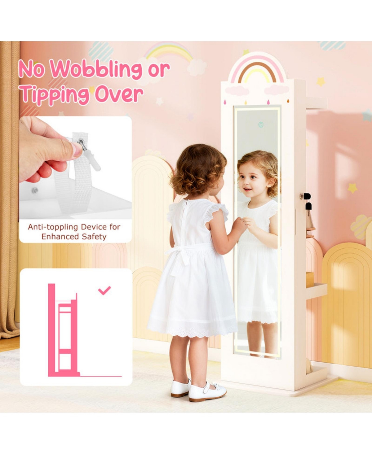 Sugift Kids 3-in-1 Freestanding Jewelry Armoire with Lighted Full-Length Mirror and Rainbow Design