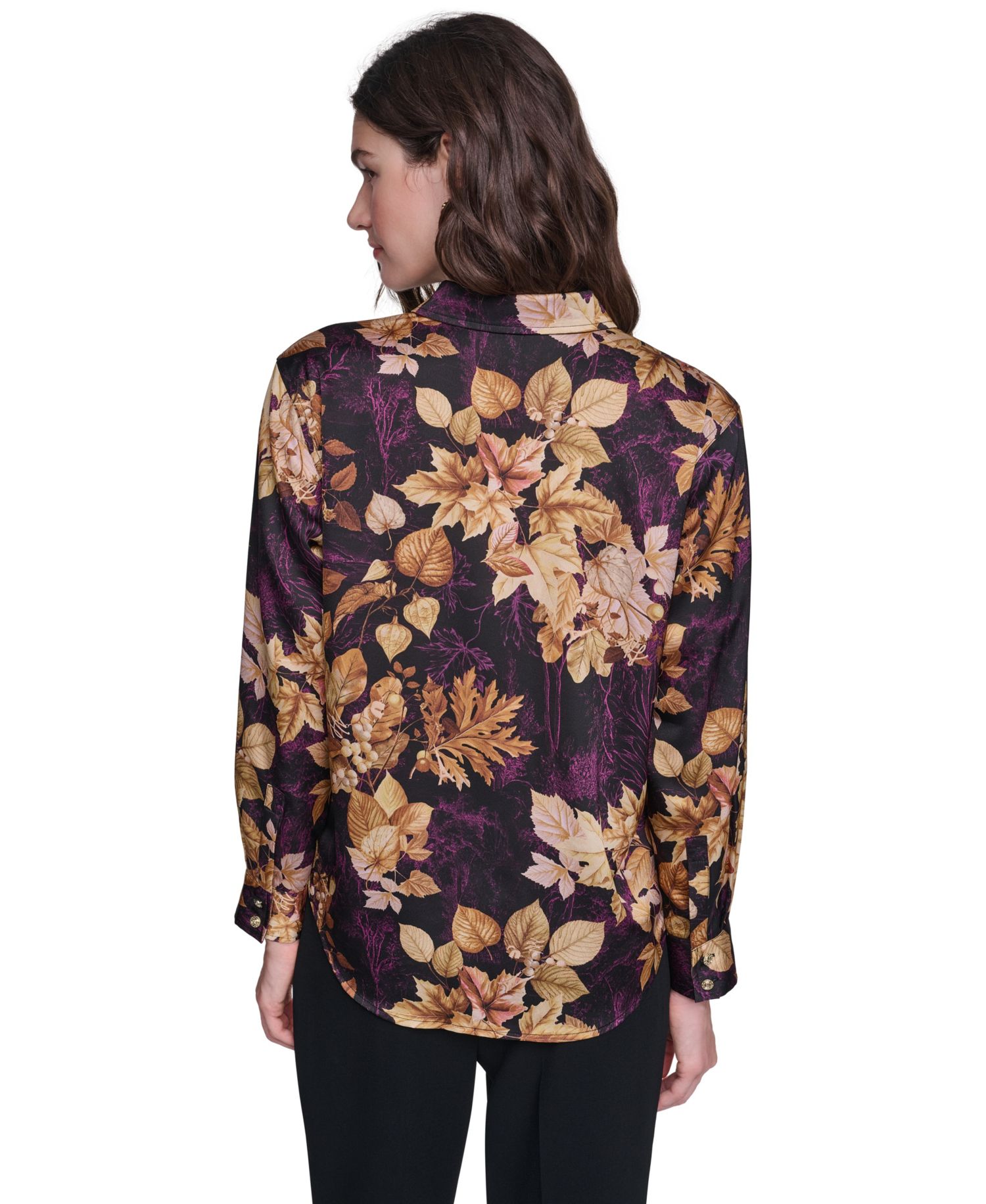 Petite Floral Printed Long-Sleeve Satin Blouse