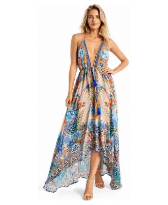 Women's Patchwork Floral and Geo Halter Plunge Maxi Dress