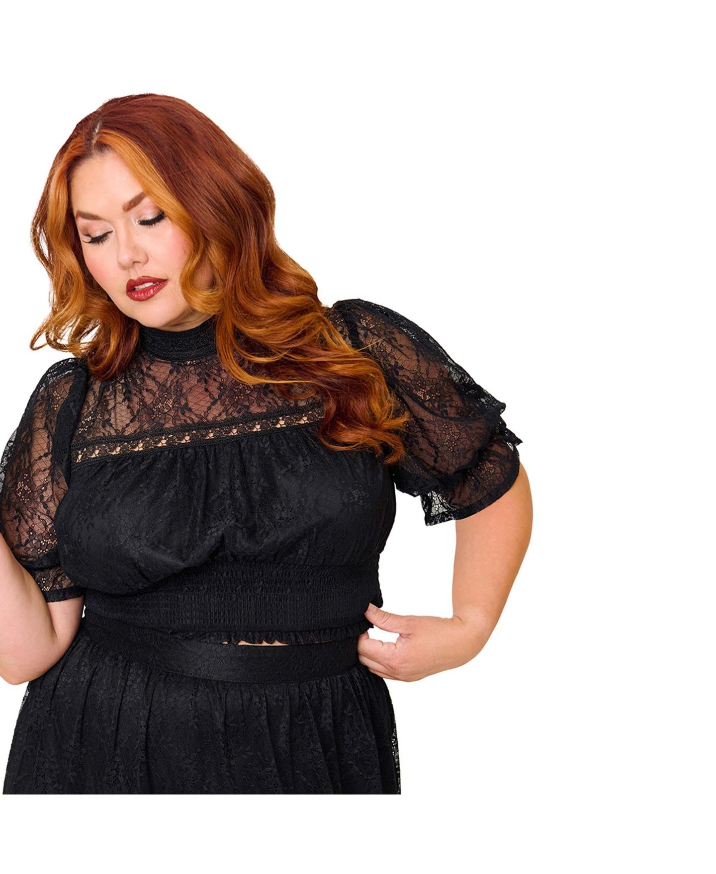 Женская блузка Unique Vintage Plus Size Lace Smocked-Waist Short-Puff-Sleeve, цвет: Чёрный однотонный — фото 4