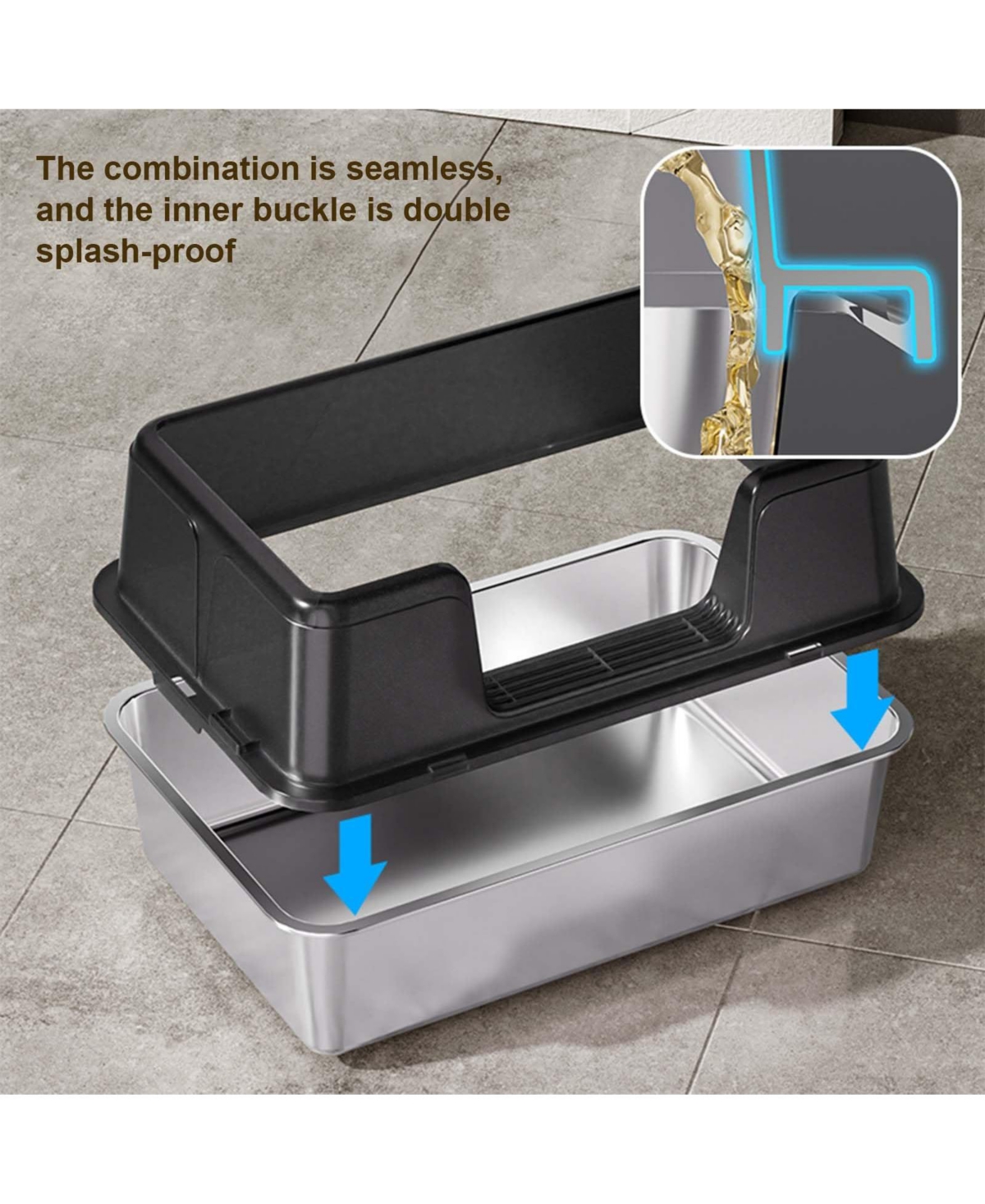 homfan Stainless Steel Litter Box, Extra Large, High Sides, Removable Tray, Non-Slip Mat, Scooper Included