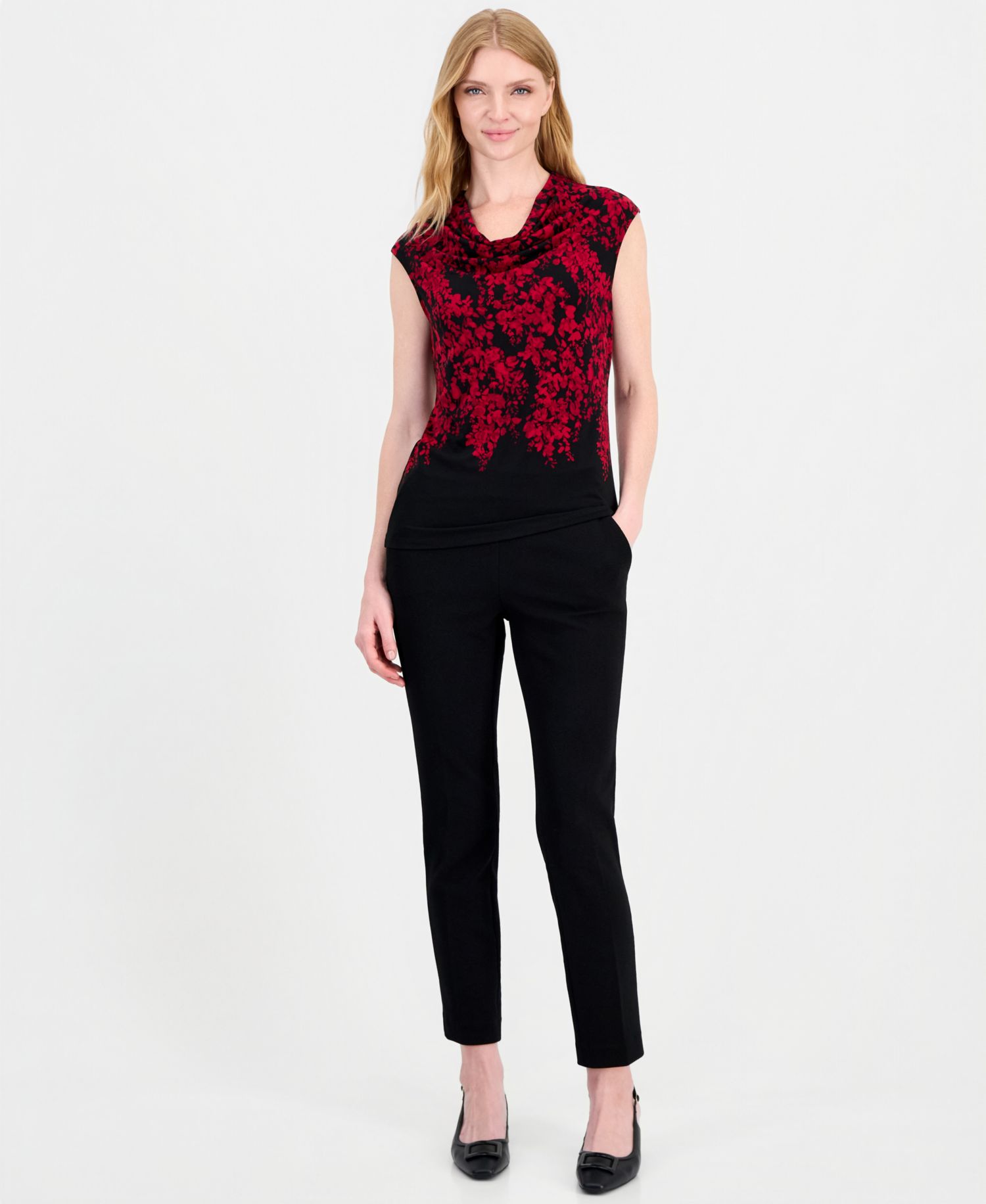 Women's Drape Front Cowl-Neck Cap-Sleeve Floral-Print Cami
