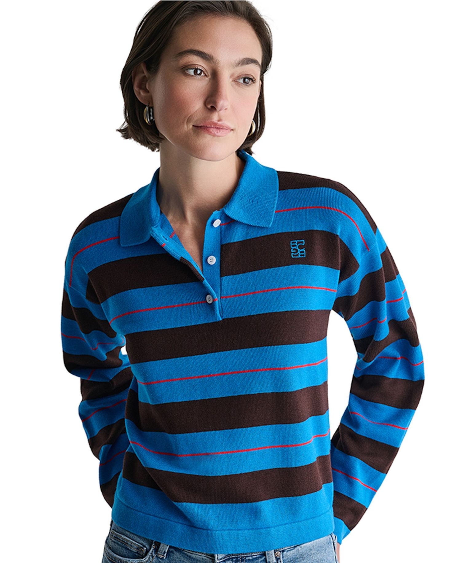 Women's Long-Sleeve Striped Rugby Polo Sweater