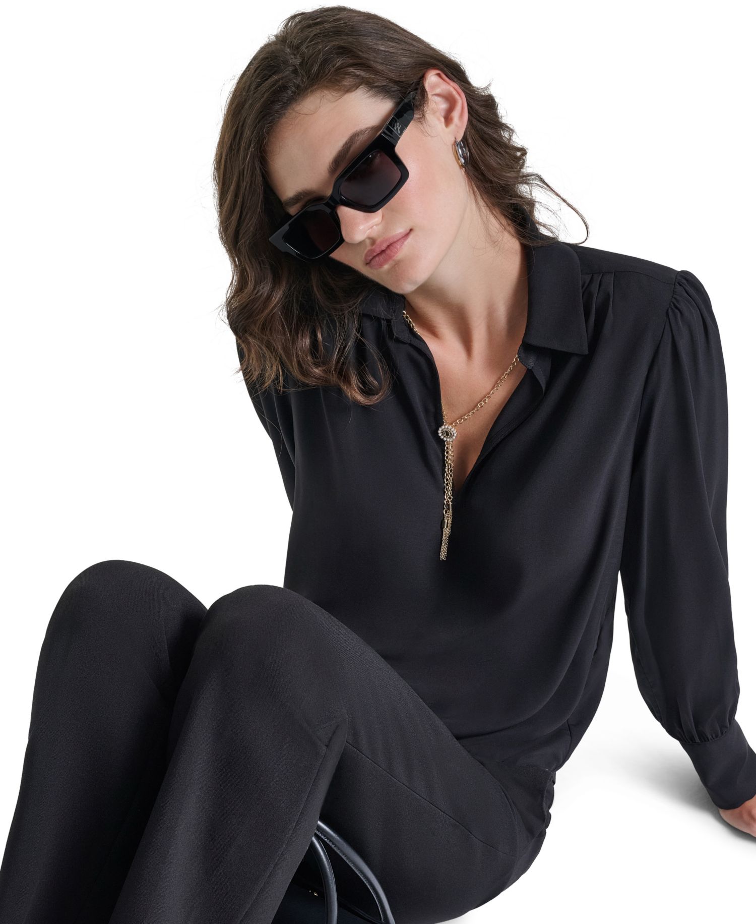 Petite Long-Sleeve Collared Blouse