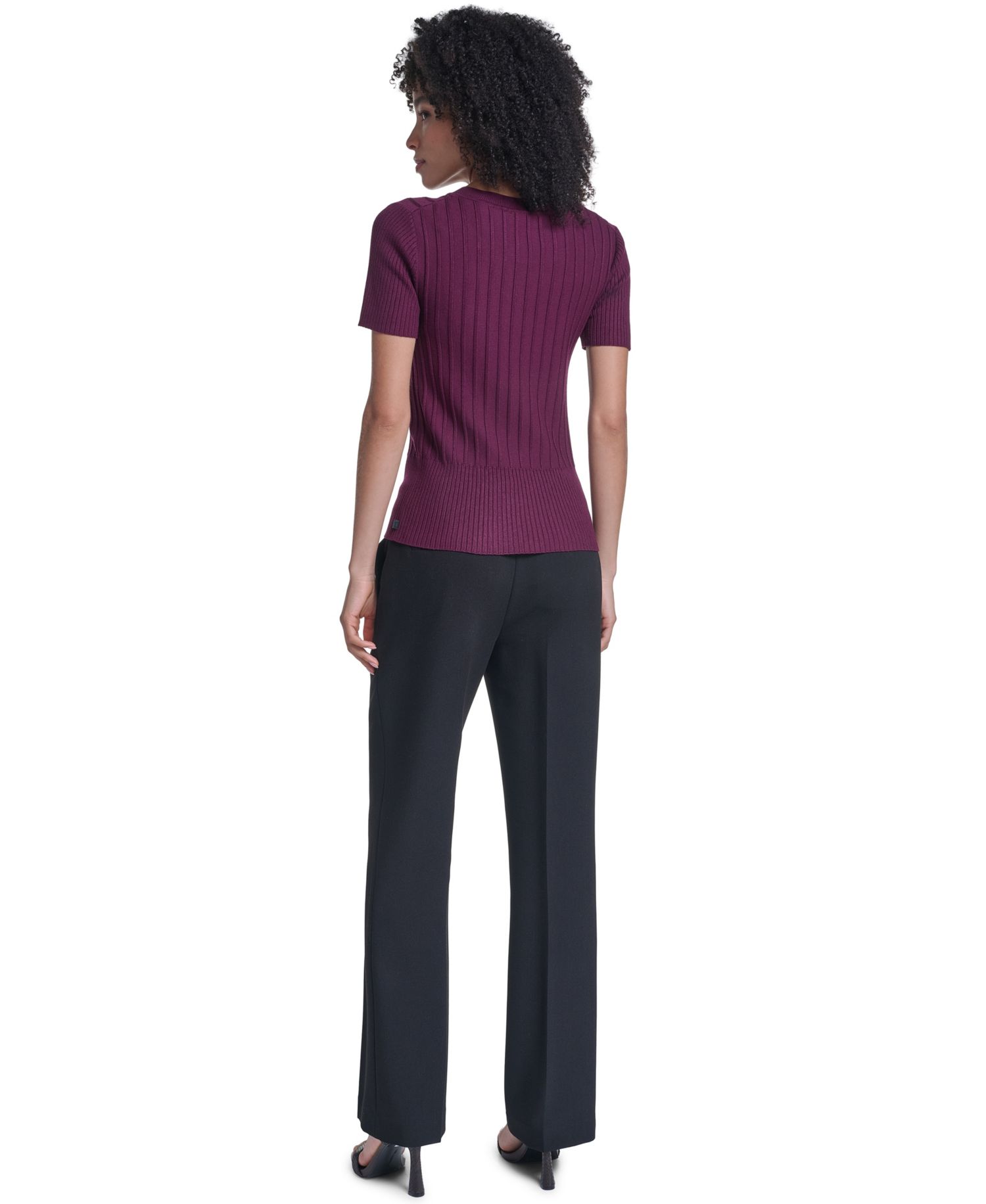 Petite Short-Sleeve Crewneck Ribbed Sweater