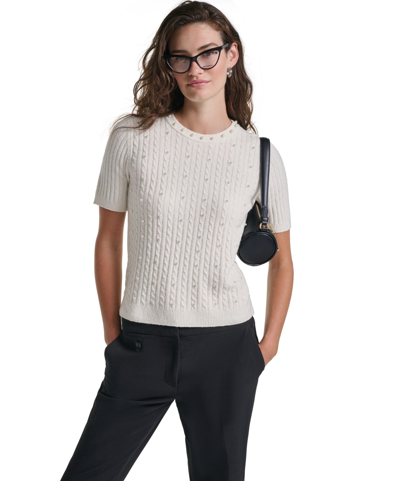 PetiteCable-Knit Crewneck Short-Sleeve Sweater