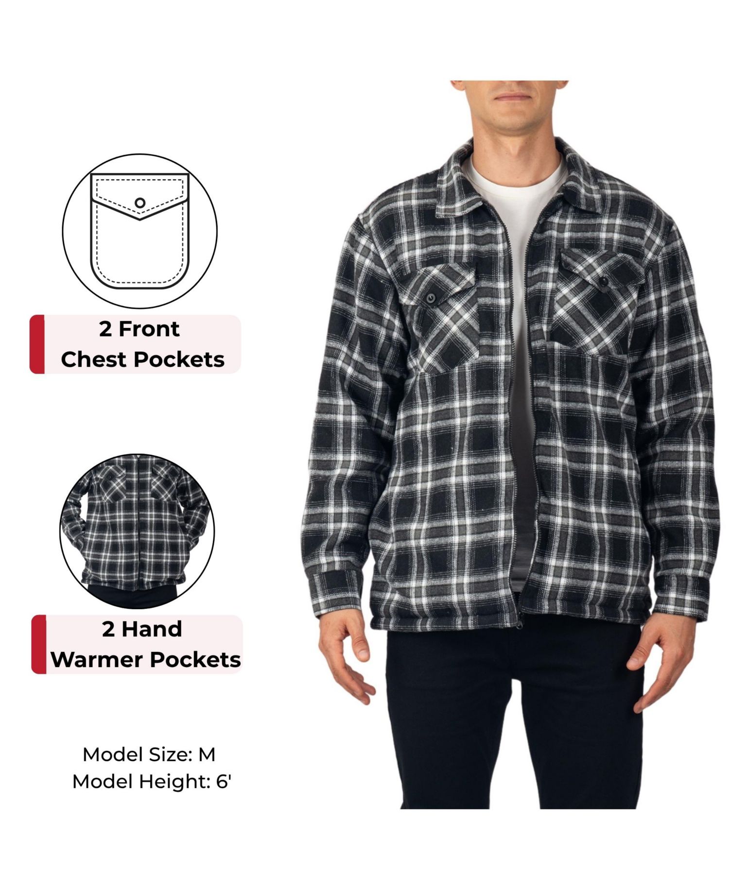 Men's Felix Fleece Lined Flannel Shirt Heavyweight Zip-Up Plaid Shacket Overshirt