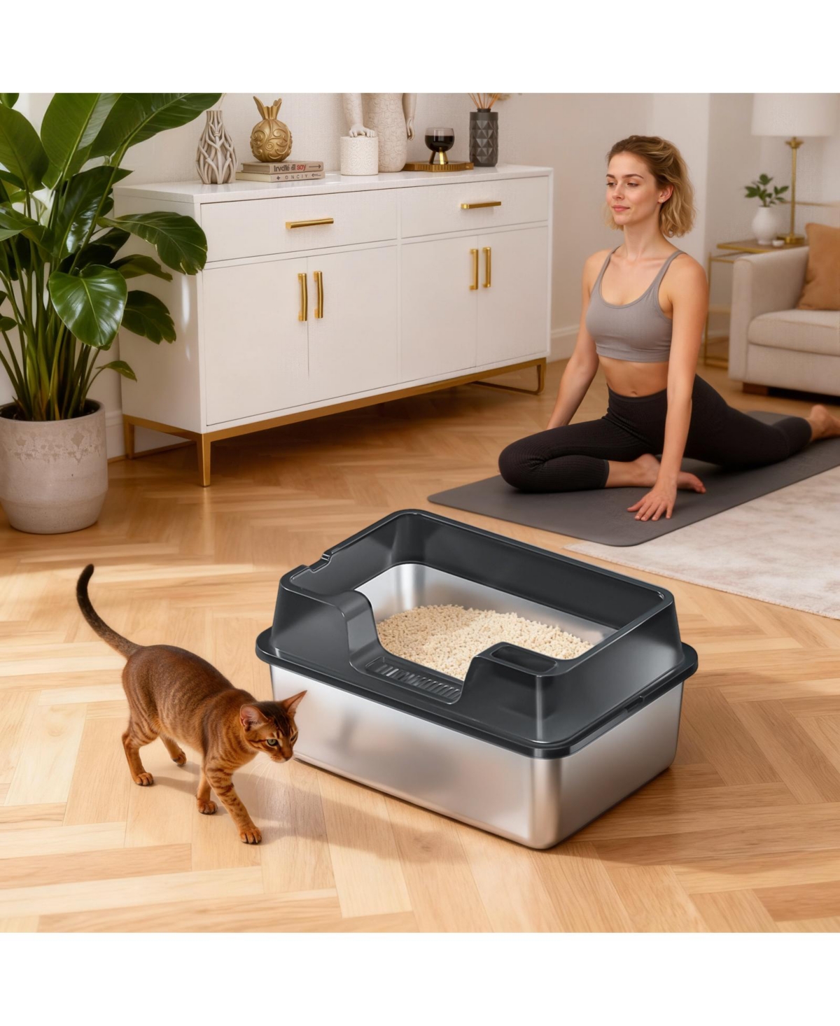 homfan Stainless Steel Enclosed Box with Lid, High-Sided Leak-Proof Pan for Large and Multi-Cat Homes, Non-Stick Odor Control, Easy Clean Scoop