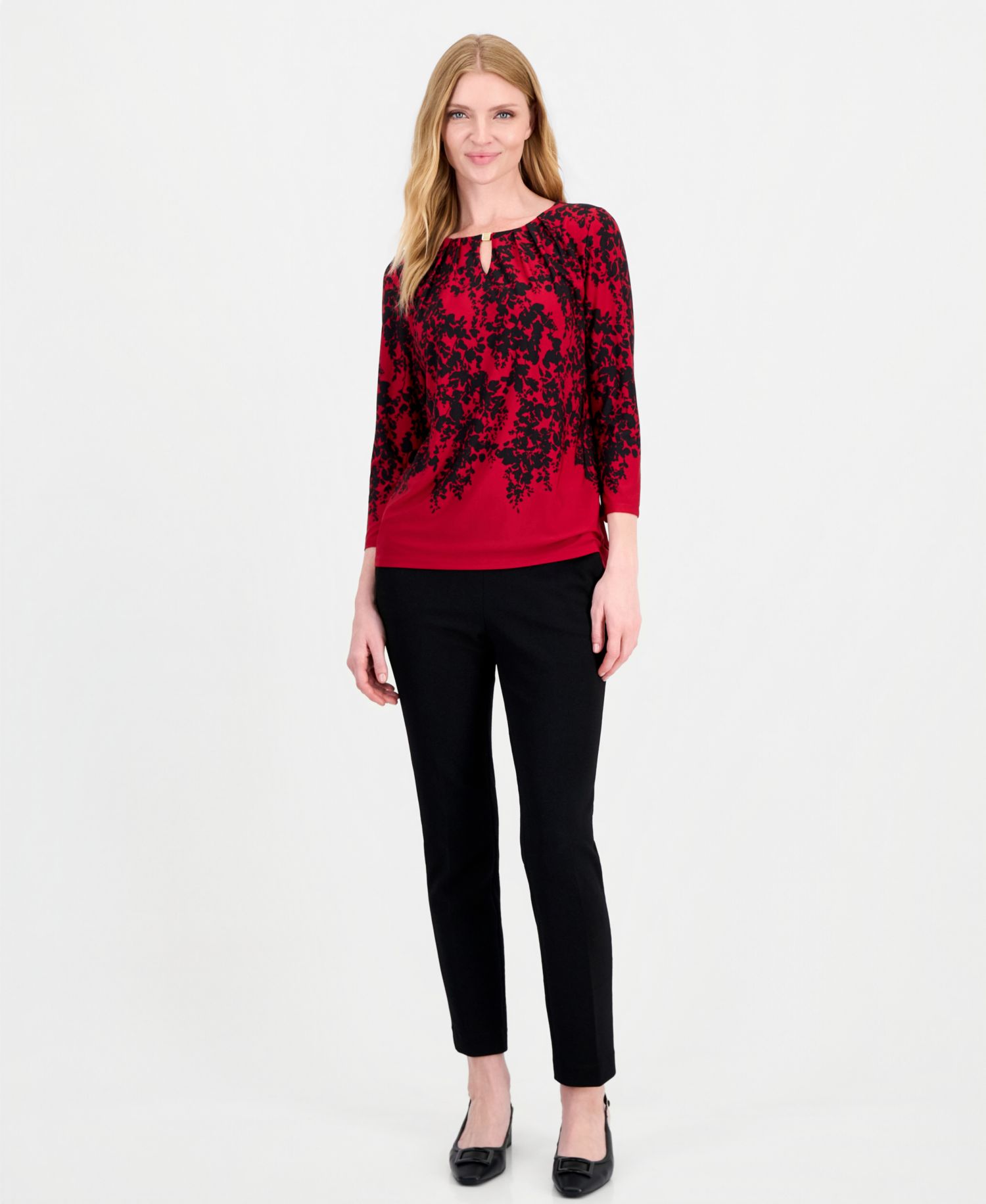 Women's 3/4-Sleeve Floral-Print Pleated-Neckline Blouse