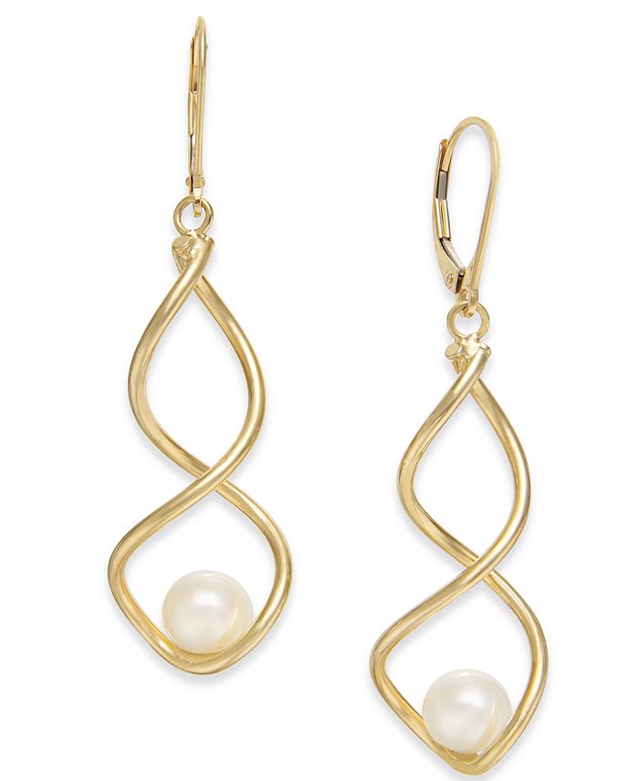 Macy's Cultured Freshwater Pearl (7mm) Twist Drop Earrings in 14k Gold ...