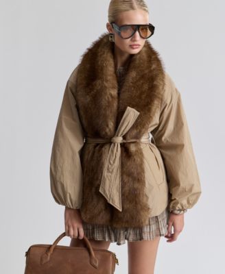 Women's Belted Faux-Fur-Trim Shawl Collar Puffer Jacket