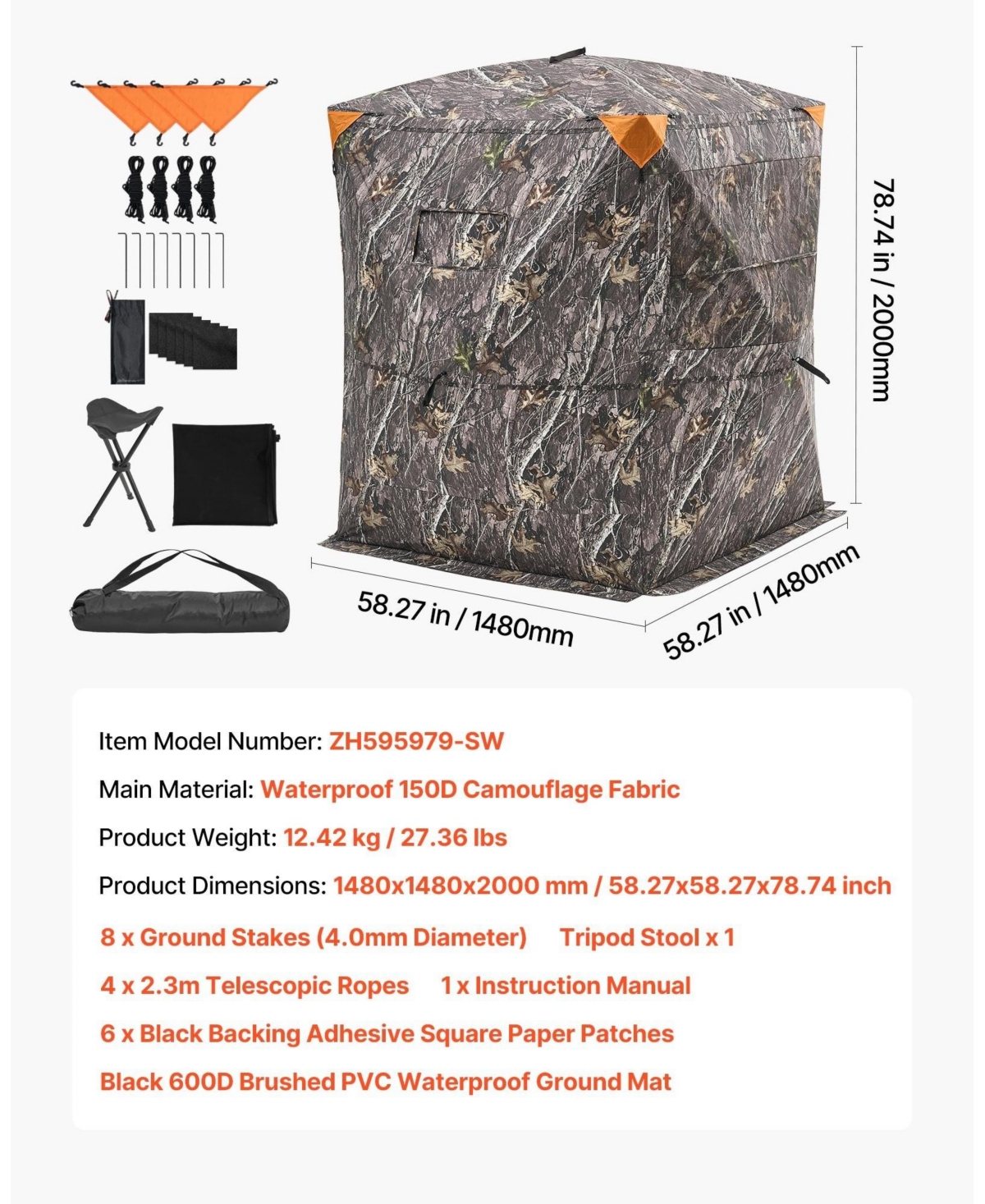 Sugift 2-3 Person Thermal Hunting Blind with Tri-Leg Chair Carrying Bag Silent Zipper Door and Window