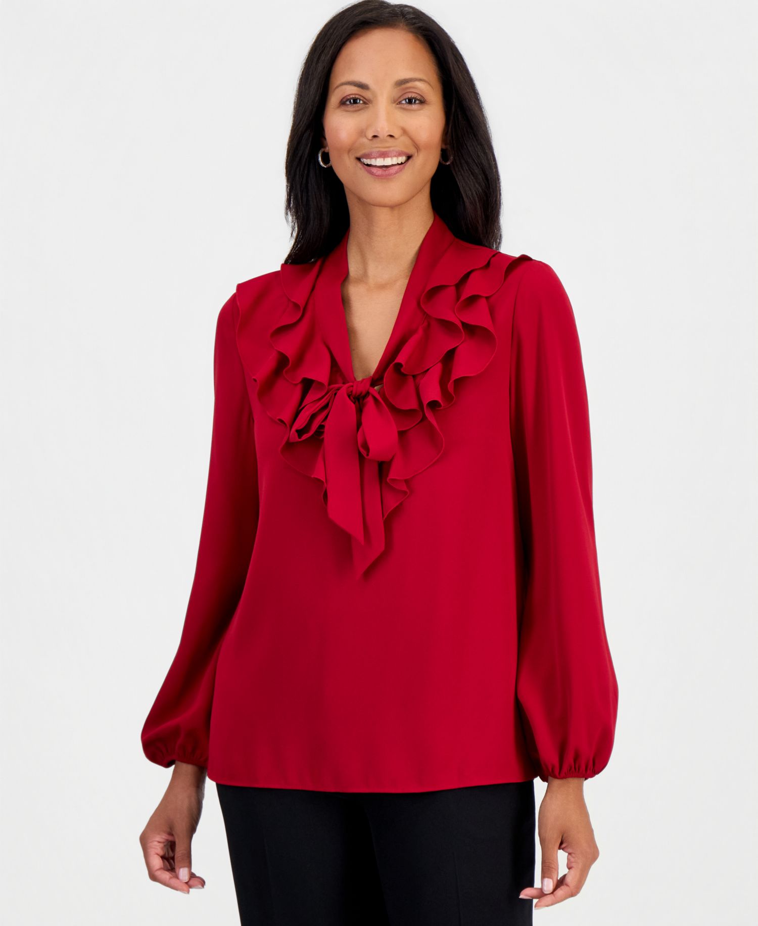 Women's Ruffle-Neck Tie-Front Long-Sleeve Blouse