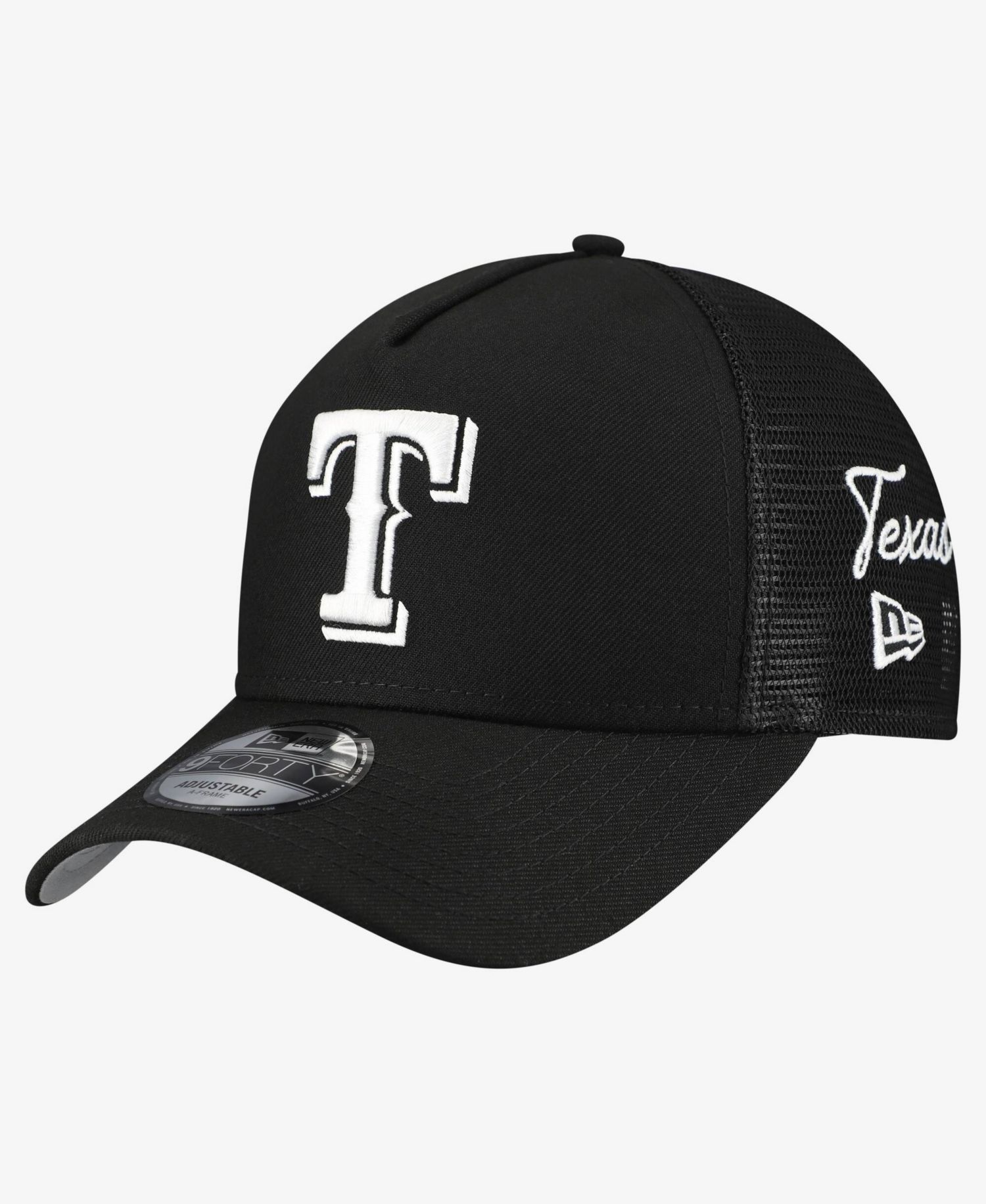 Men's Black Texas Rangers Side Script 9FORTY A-Frame Trucker Adjustable Hat