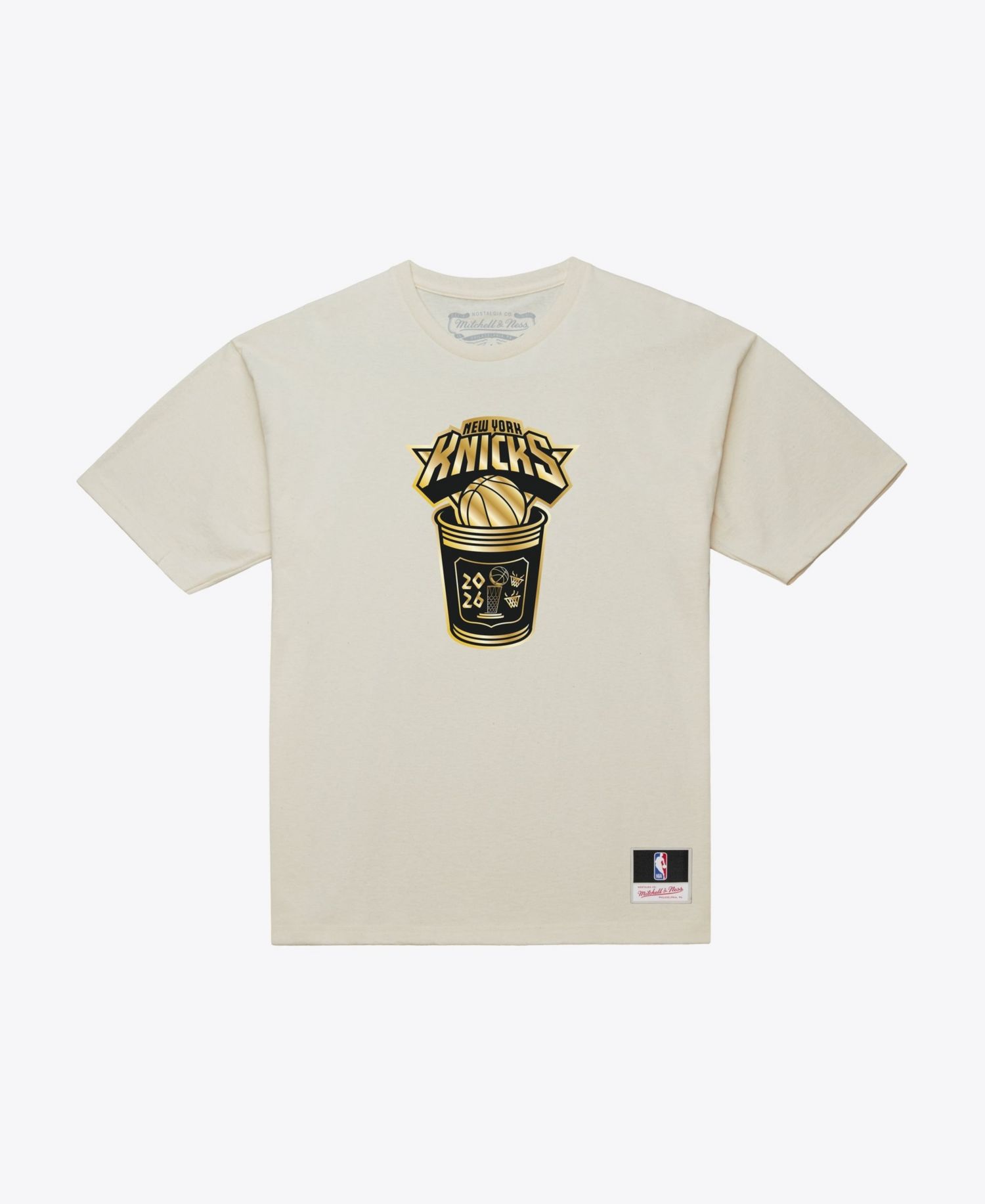 Men's Cream New York Knicks 2026 NBA Finals Champions Gold Coffee Cup T-Shirt