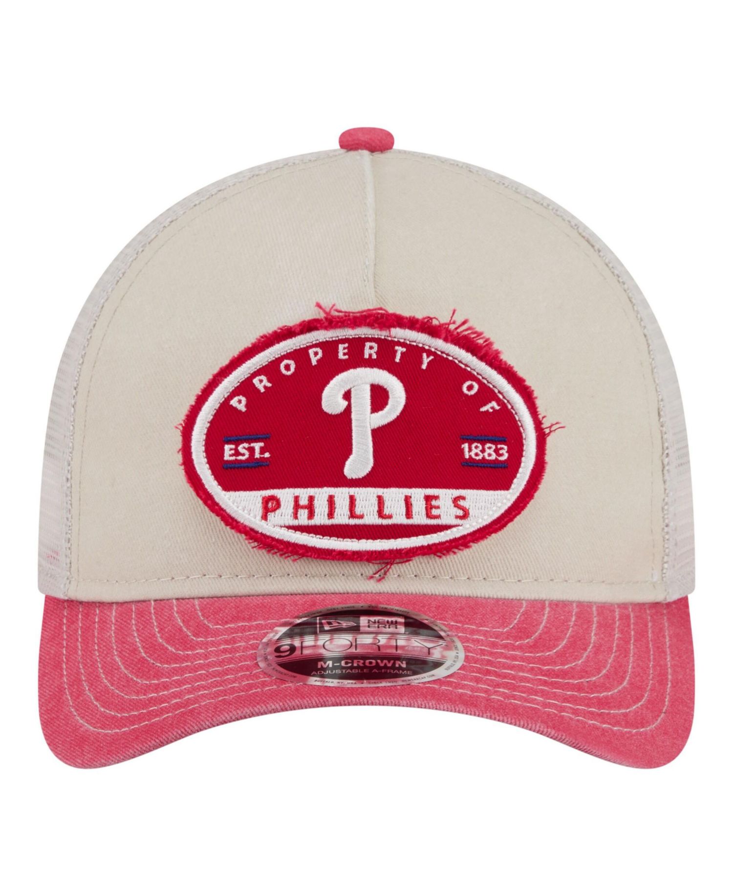 Men's Light Beige/Red Philadelphia Phillies Frayed M-Crown A-Frame 9FORTY Trucker Adjustable Hat