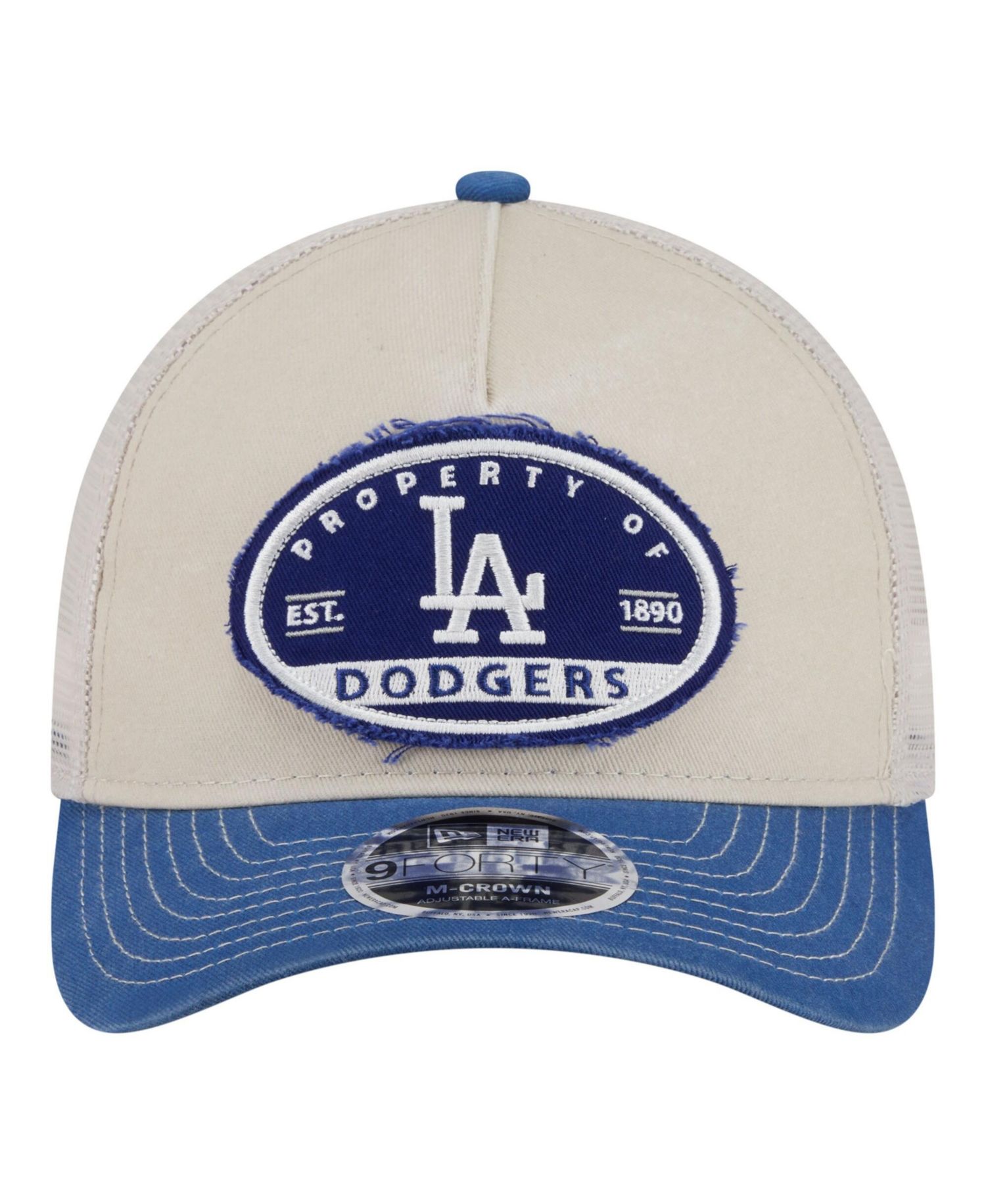 Men's Light Beige/Royal Los Angeles Dodgers Frayed M-Crown A-Frame 9FORTY Trucker Adjustable Hat