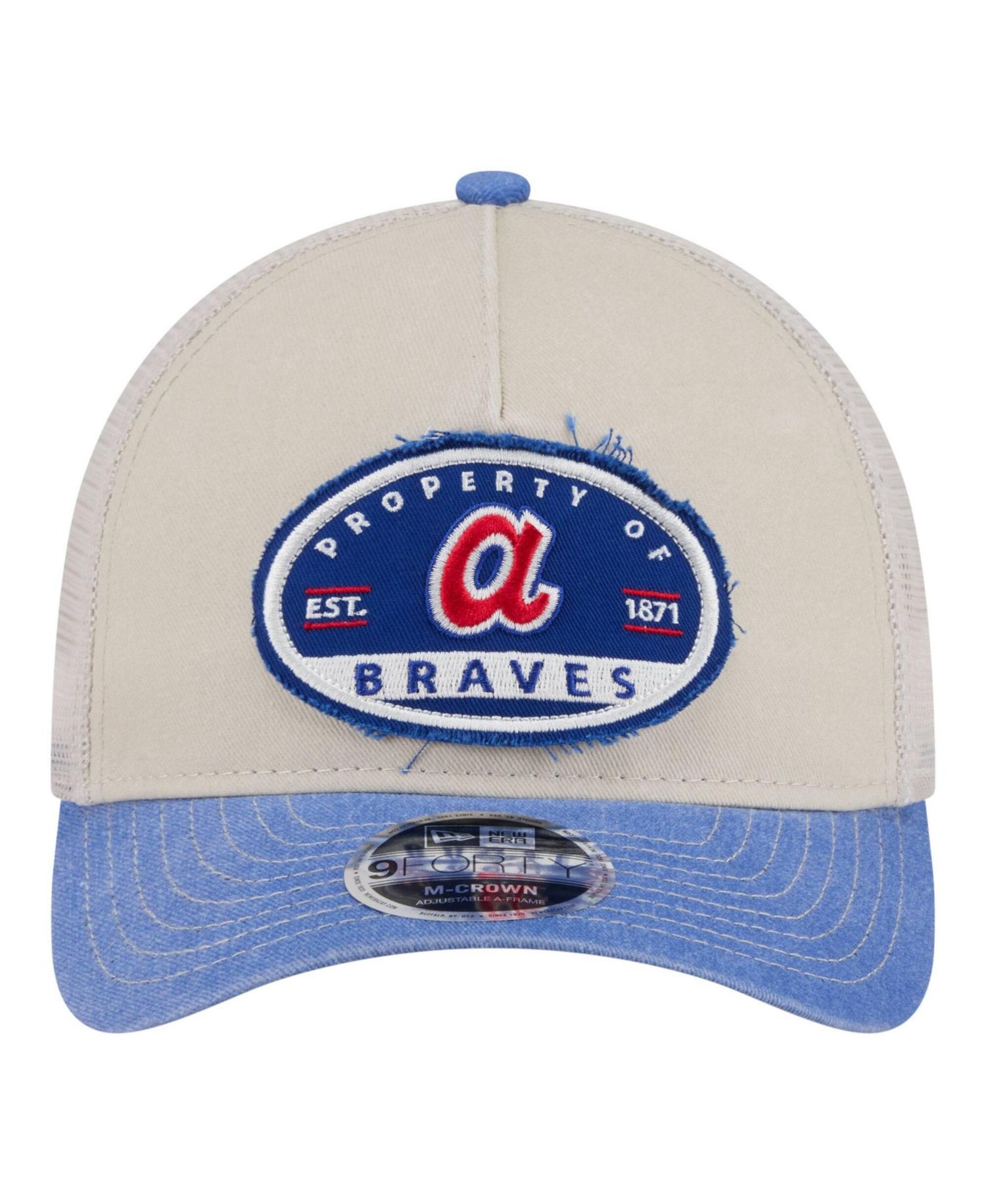 Men's Light Beige/Royal Atlanta Braves Frayed M-Crown A-Frame 9FORTY Trucker Adjustable Hat