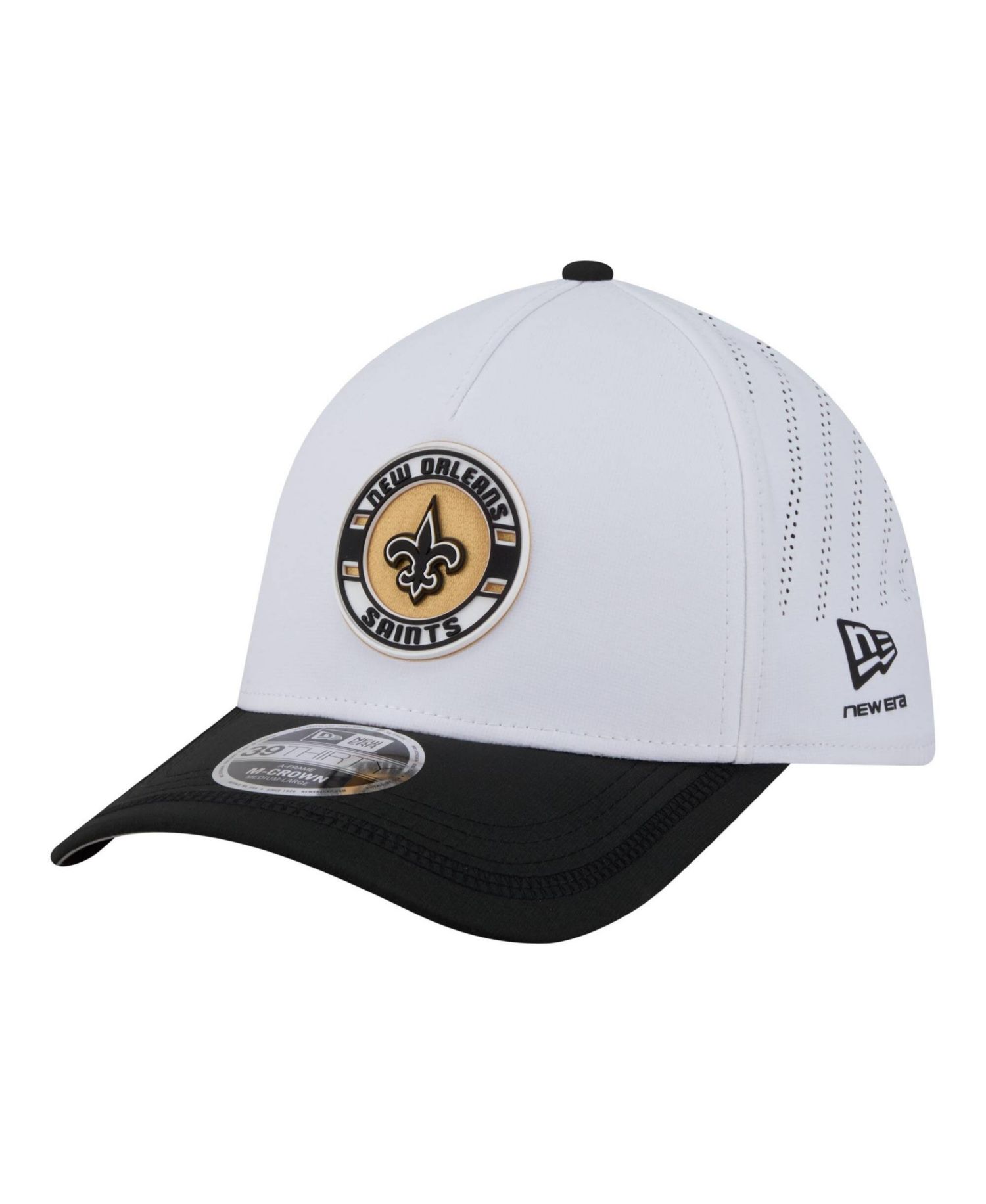 Men's White/Black New Orleans Saints Patch 39THIRTY A-Frame M-Crown Perforated Flex Hat