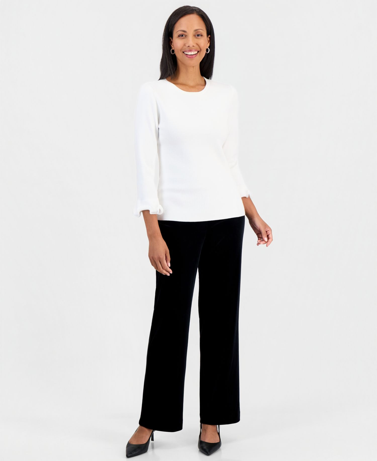Petite Crew Neck Sculptural Cuff 3/4-Sleeve Sweater