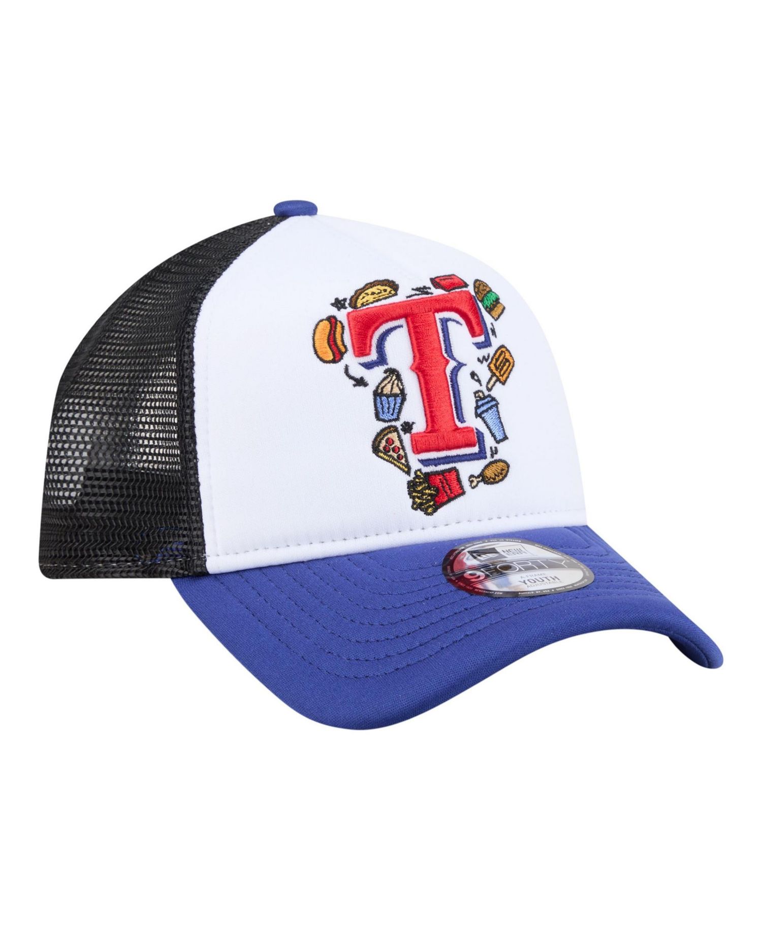 Big Boys and Girls White/Royal Texas Rangers Food A-Frame 9FORTY Trucker Adjustable Hat