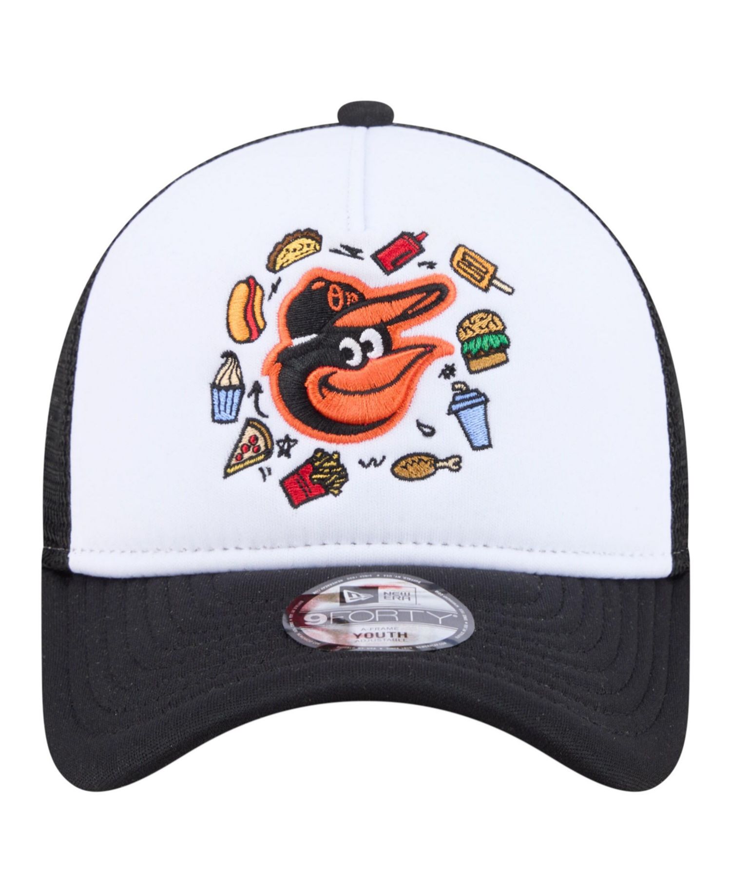 Big Boys and Girls White/Black Baltimore Orioles Food A-Frame 9FORTY Trucker Adjustable Hat