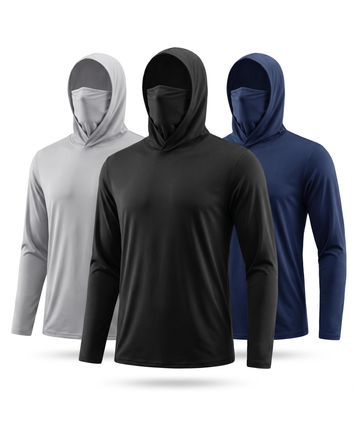 Piscifun 3 Pack Mens Fishing Hooded Face Cover Quick Dry Long Sleeve Performance Tee Outdoor Sports Yard Work