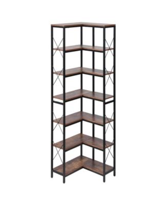 L Shaped Corner Bookshelf with 7 Tier Storage Shelves, Tall Display Rack for Living Room