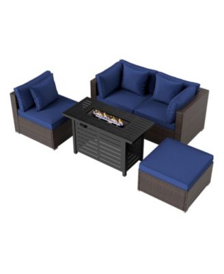 5-Piece PE Rattan Sofa Set with 60,000 BTU Fire Pit Table and Ottomans
