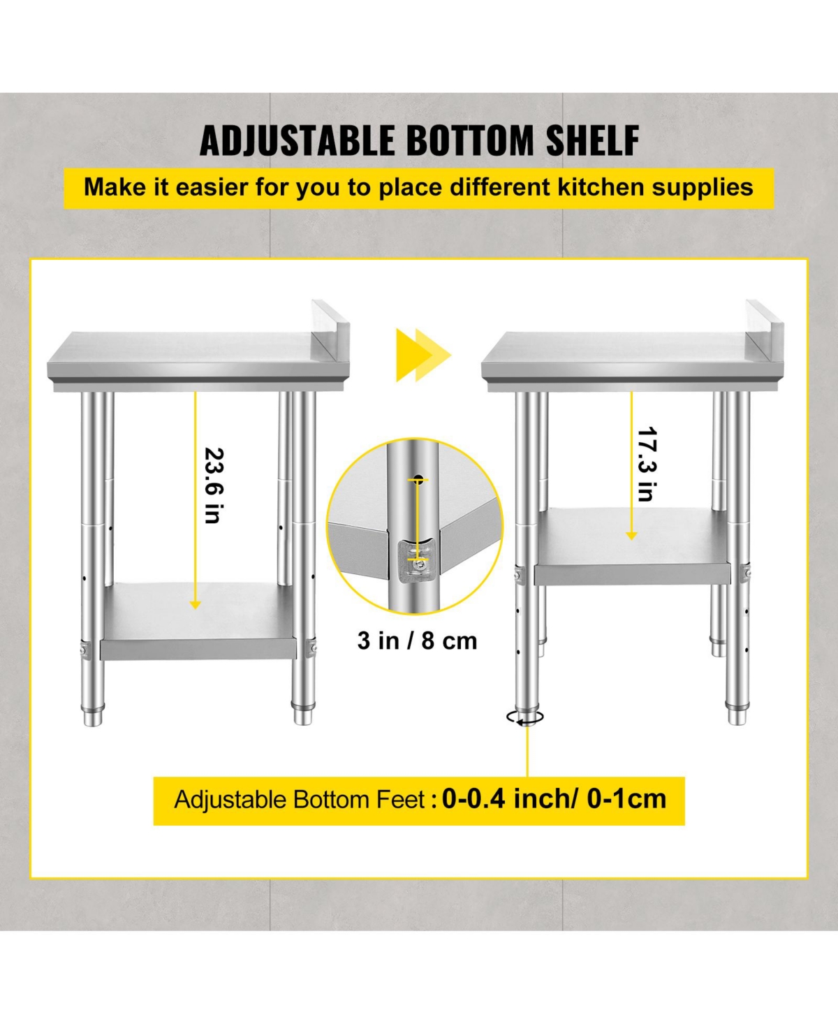 Hongge 24 x 24 in Stainless Steel Prep Table with Adjustable Undershelf