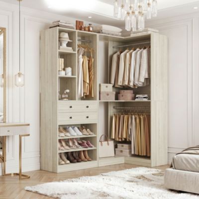 Corner Closet Organizer System Set with 2 Drawers and 3 Hanging Rods