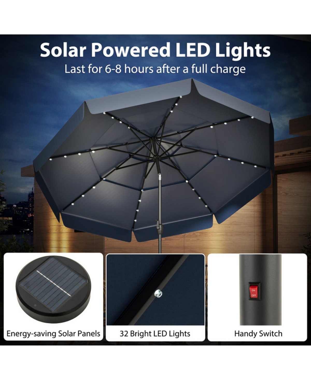 Gouun 10-Foot Solar Led Patio Umbrella with 3-Tier Vented Top