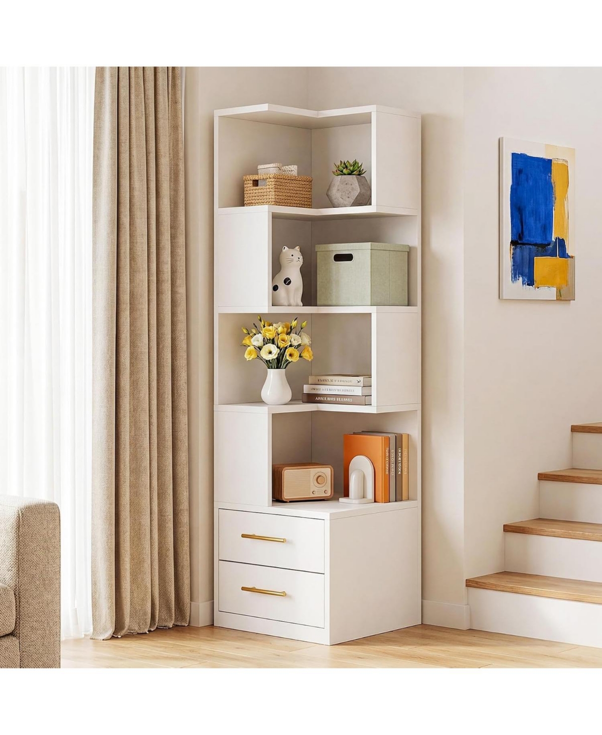 Tribesigns 5-Tier Corner Bookshelf with 2 Drawers
