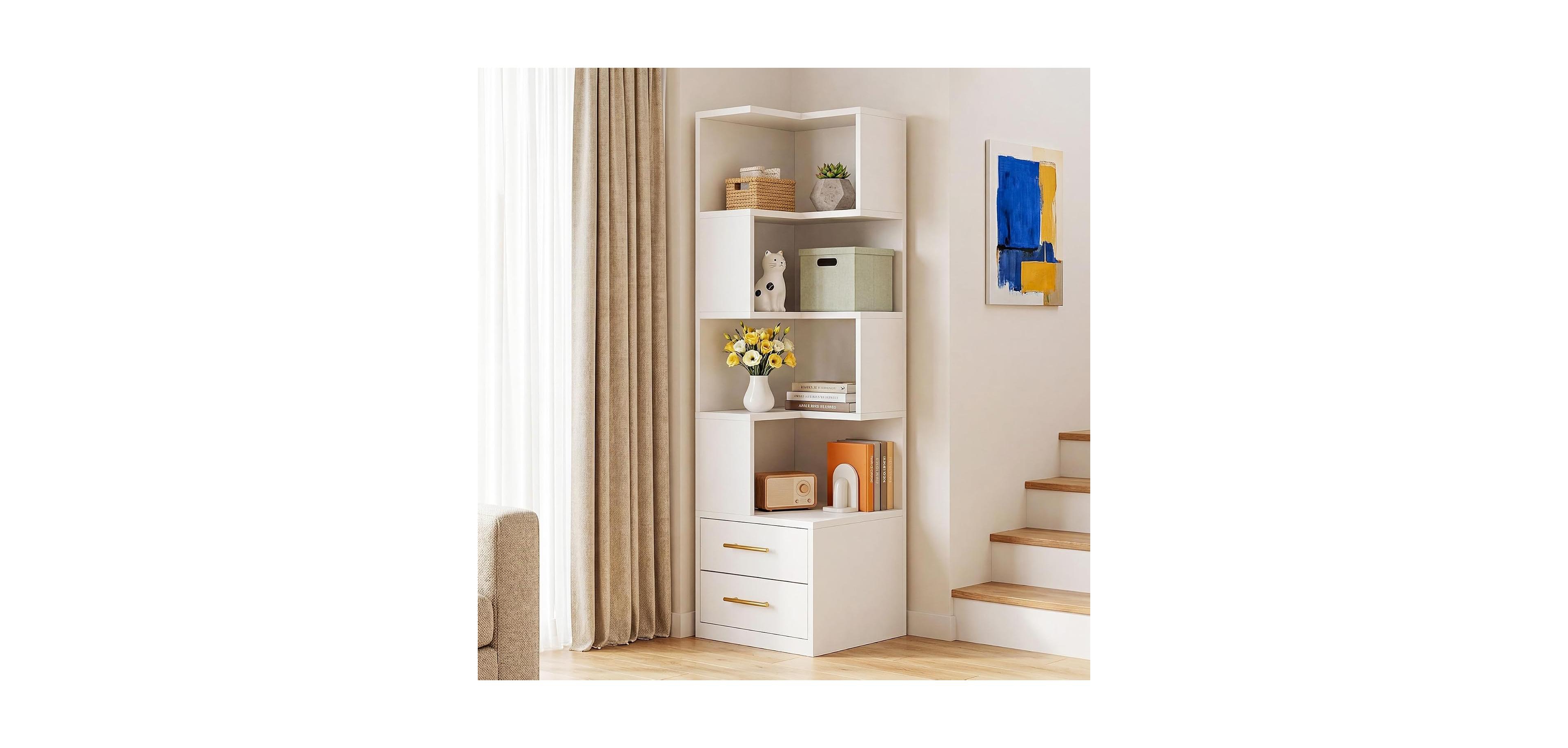 Tribesigns 5-Tier Corner Bookshelf with 2 Drawers