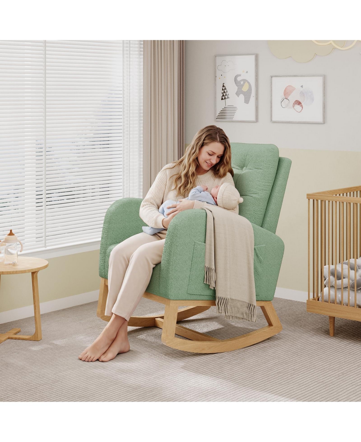 homfan Nursing Rocking Chair with Footrest for Nursery, Upholstered Glider Rocker High Backrest, Wood Base Comfortable Lounge