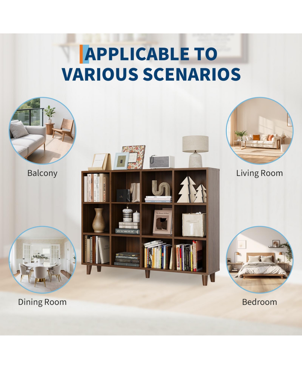 homfan 12 Cube Bookcase, 3-Tier Open Bookshelf with Wood Finish, Modern Storage Organizer for Home Office Living Room Bedroom