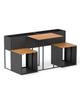 Outdoor PE Rattan Patio Dining Set with Raised Garden Bed, 2 Chairs and Acacia Wood Table