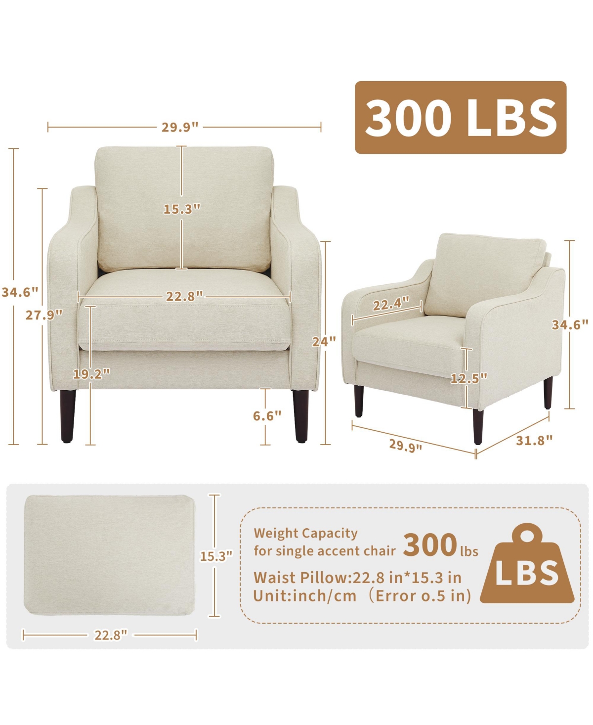homfan Mid Century Modern Accent Chair, Linen Upholstered Living Room Arm Chair with Wood Legs, Reading for Bedroom Apartment Adults Relaxation