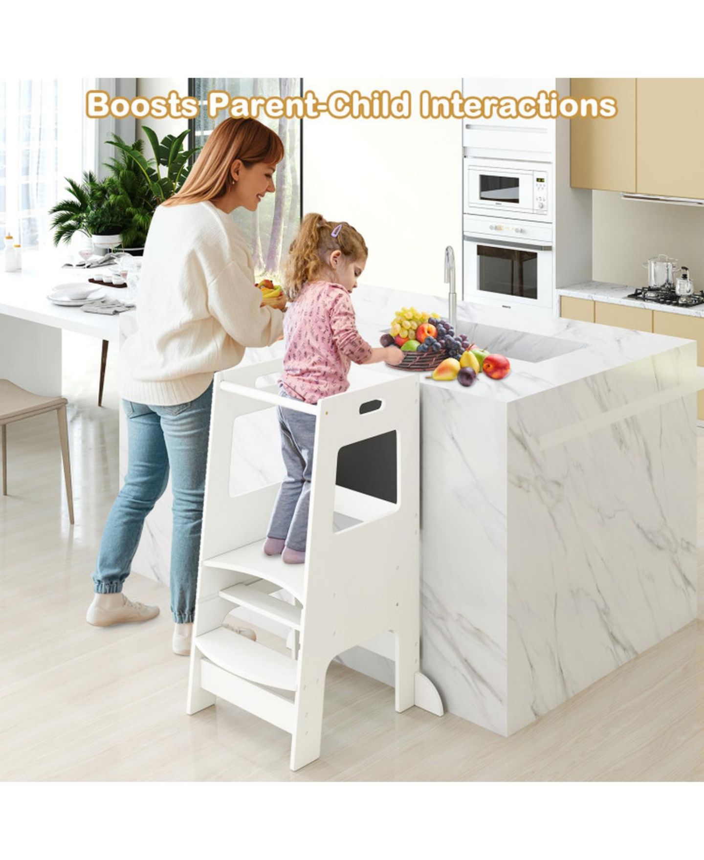 Детская игрушка HONGGE Adjustable Birch Wood Toddler Kitchen Tower with Chalkboards, Ages 3+, цвет: Белый — фото 9