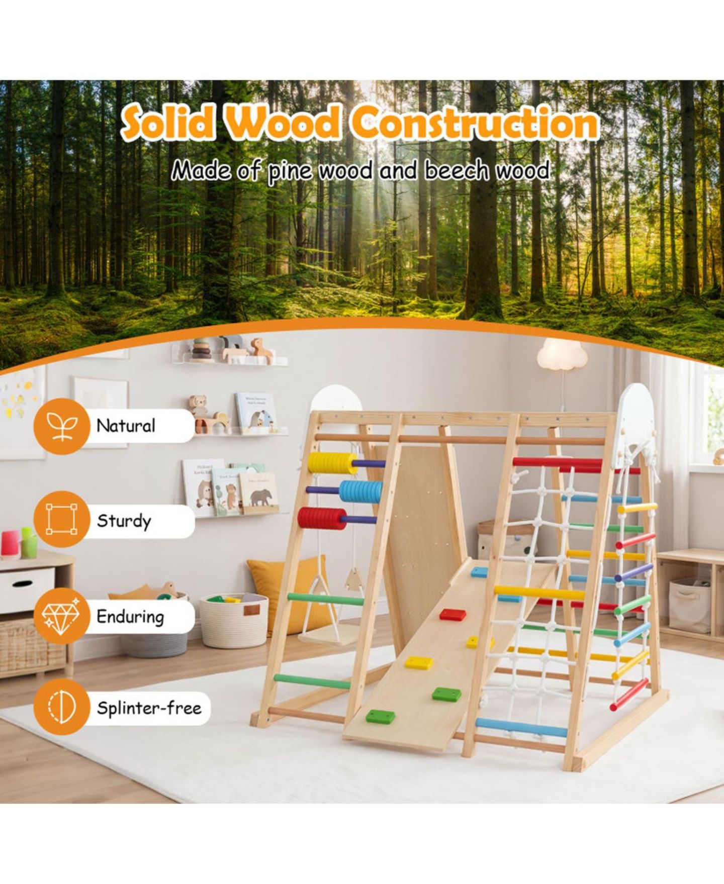 Детская игрушка HONGGE Foldable Wooden Jungle Gym with Swing and Monkey Bars, от 3 лет, цвет: Коричневый — фото 4