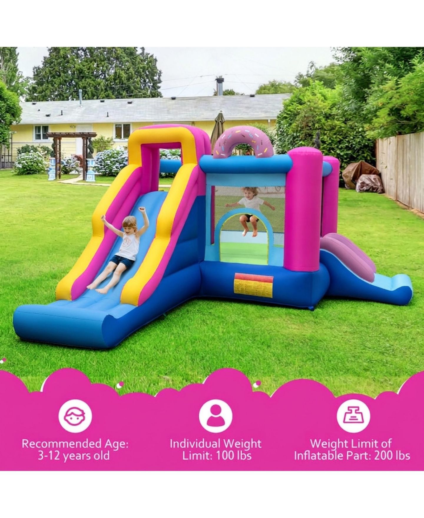 Детские игрушки HONGGE Inflatable Bounce House with Dual Slides and Basketball Hoop, 179" x 133" x 79", Ages 3-12, цвет: Розовый — фото 10