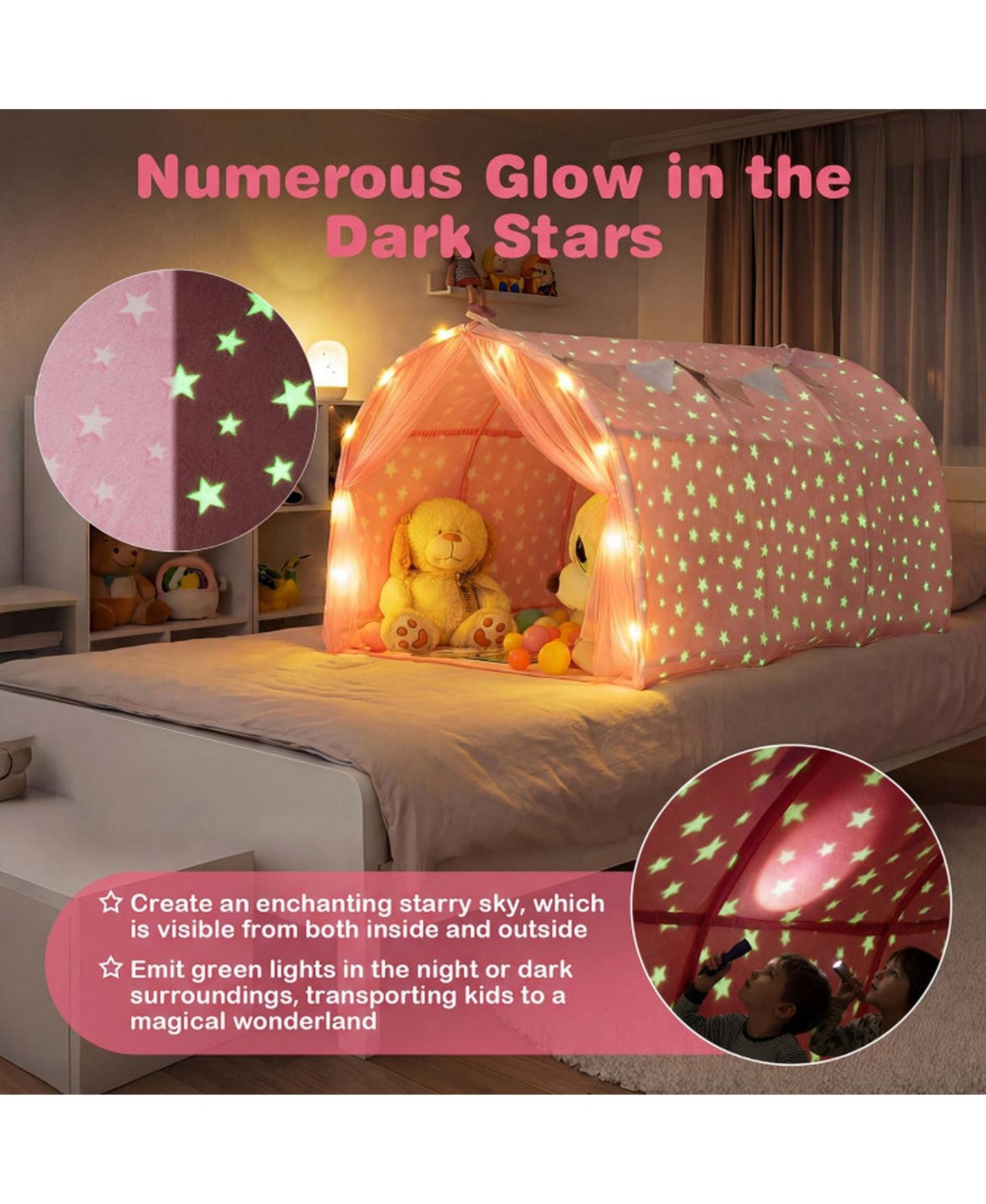 Детские игрушки HONGGE Glow-in-the-Dark Stars String Lights 3-Piece Bed Tent, Ages 3+, цвет: Розовый — фото 5