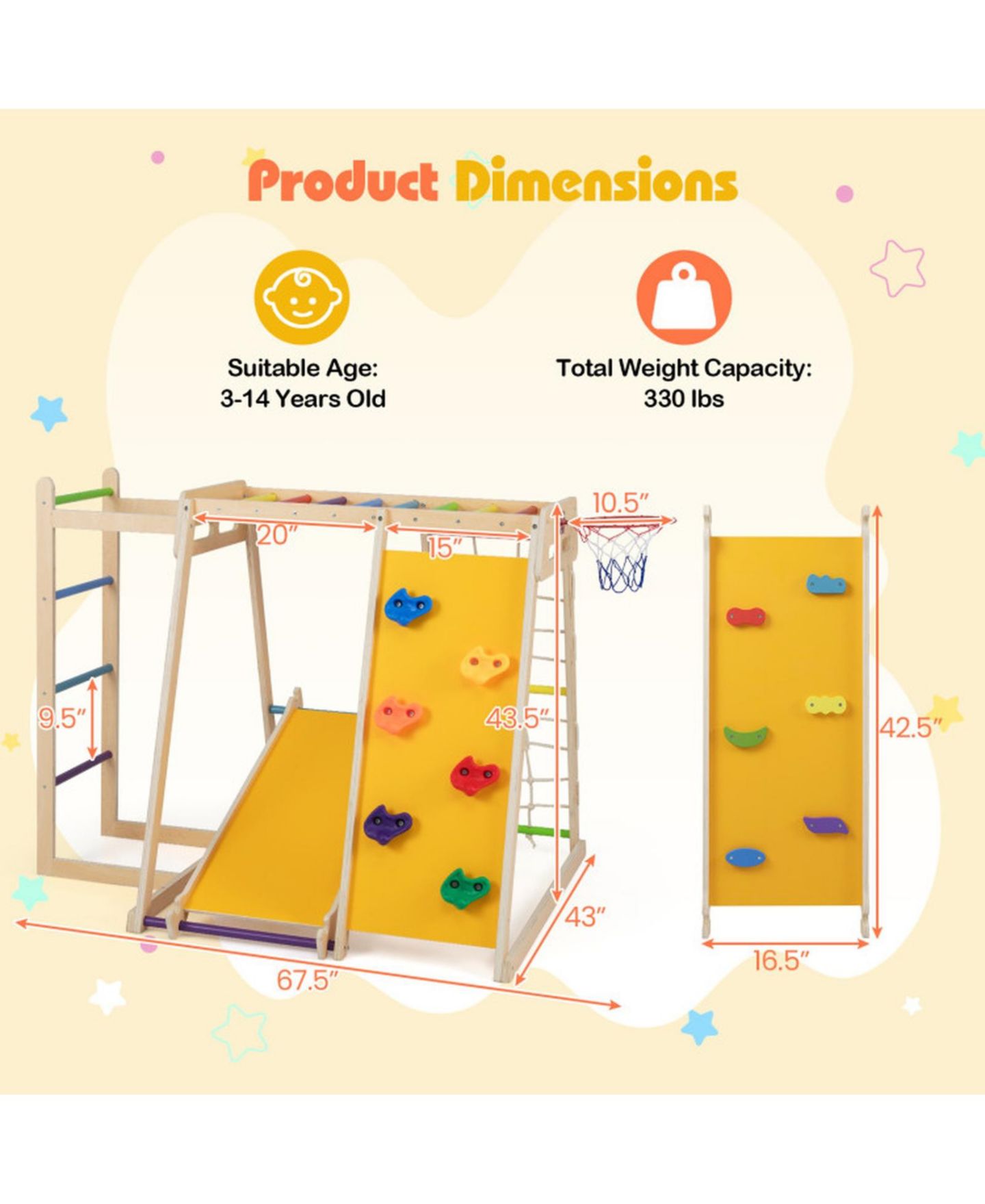 Детская игрушка HONGGE 6-in-1 Kids Indoor Jungle Gym with Slide and Climbing Wall Ages 3-14, цвет: Жёлтый — фото 3