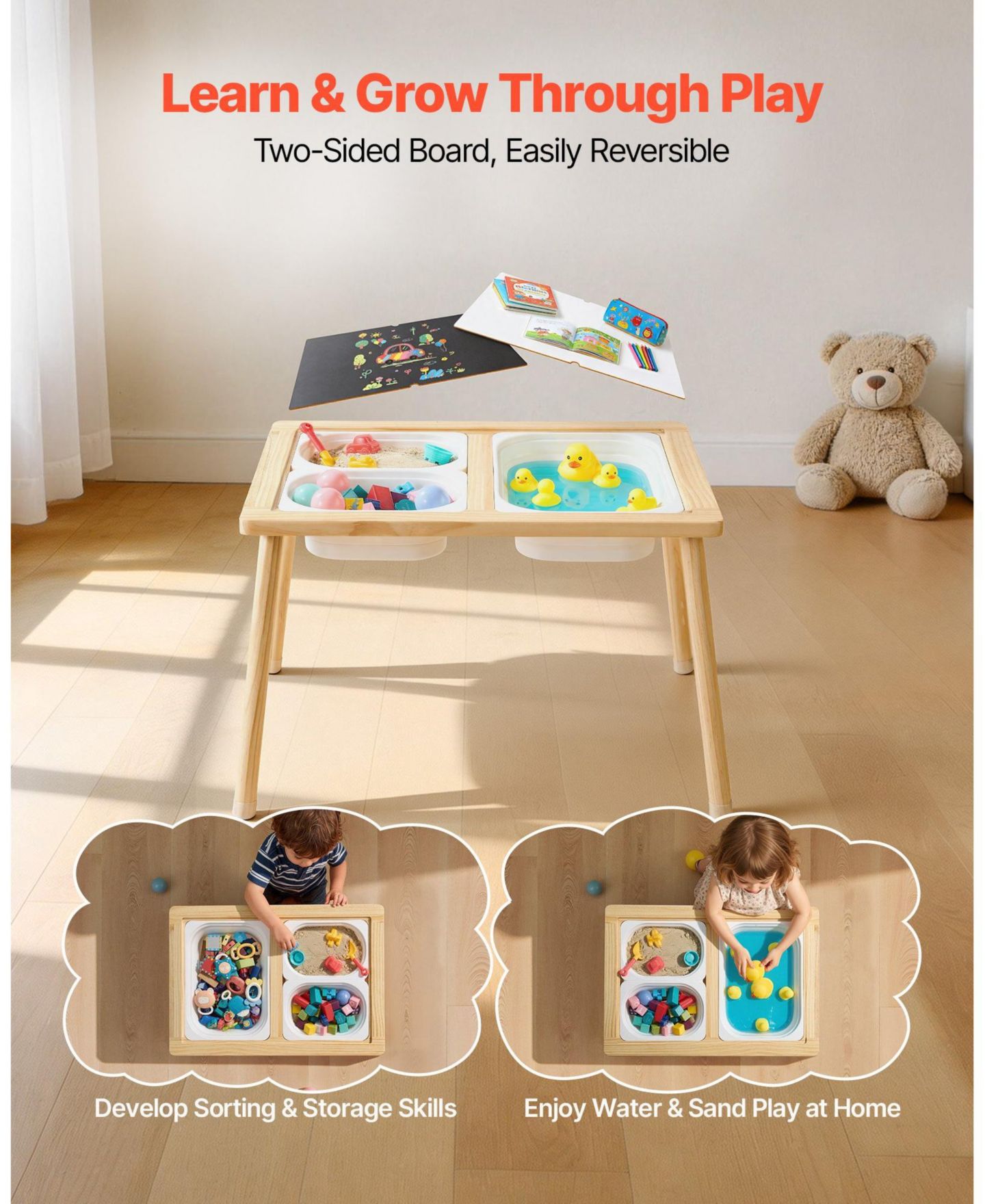 Детская игрушка HONGGE Reversible Wooden Sensory-Play Activity Table, от 3 лет, цвет: Натуральный сосновый — фото 7