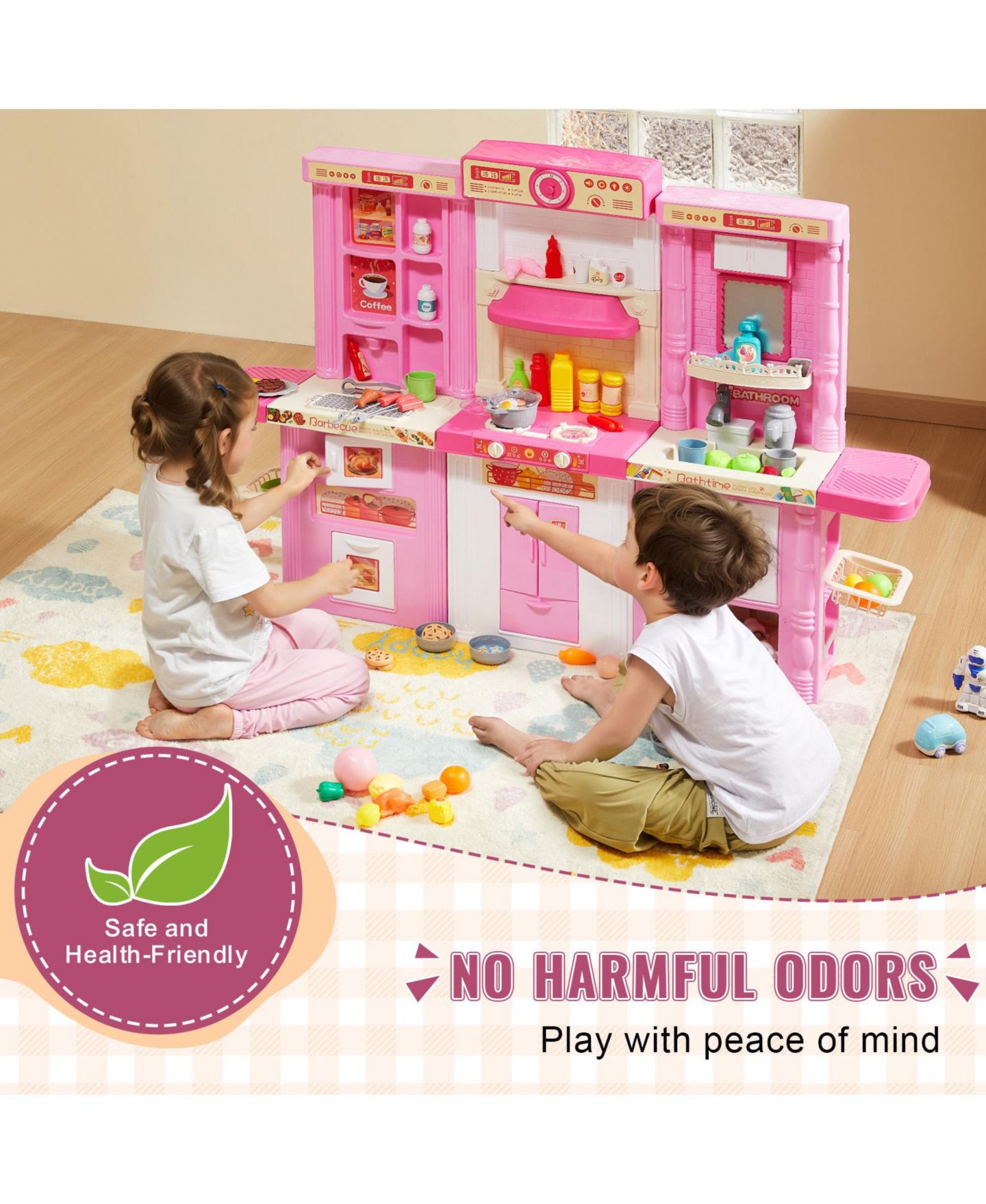Детский игровой набор HONGGE 3-in-1 Kitchen Playset with Lights and Sounds, 74 Cooking Accessories, Ages 3+, цвет: Розовый — фото 7